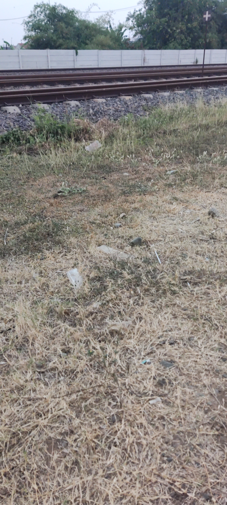 The image shows a view of a railway track in Pakusamben, Indonesia. The foreground is filled with dry, sparse grass and scattered debris, including some plastic waste and small stones. Beyond the grass, the railway tracks are clearly visible, consisting of two sets of parallel rails laid on a ballast of gravel. A concrete wall runs along the side of the tracks, with trees and foliage visible behind it. In the background, a white cross-shaped sign is mounted on a pole, positioned to the right of the railway line. The overall environment appears to be an undeveloped area adjacent to the railway infrastructure. There are no people or animals visible in the scene.