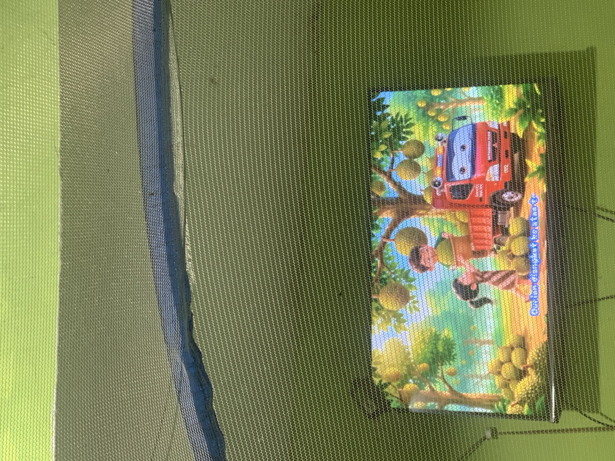 In Palembang, Indonesia, a screen displays a cartoon scene depicting two children and a red truck in an orchard full of durian fruit. The screen is positioned behind a green mesh netting, possibly a mosquito net or similar protective cover, which obscures the image with a patterned overlay. The cartoon shows the children interacting with durians, with one child handing a durian to another who is standing near a basket on the truck. The truck has a stylized face with headlights for eyes. The background is a lush, green orchard with durian trees and abundant fruit. A string of text is visible at the bottom of the screen, but it is partially obscured by the mesh and difficult to read. The overall scene suggests an educational or entertainment program related to durian harvesting or fruit.