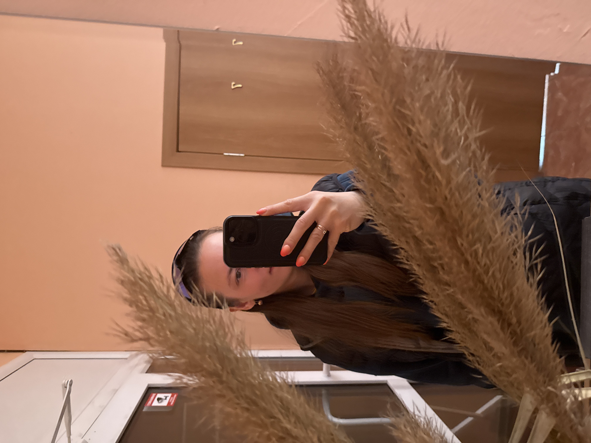 The image is a selfie taken in a mirror. The person is holding a black iPhone in their right hand. They have long brown hair and are wearing a dark jacket and a purple headband. The person is wearing a ring on their finger and nail polish. In the foreground, there is a vase containing decorative brown reeds. The mirror reflects the person and the room. The wall is peach-colored, and there is a brown door with two small silver handles. There is a white door visible on the left side of the image. Based on the door signage in the crop hints, the location is Kazan, Russia.