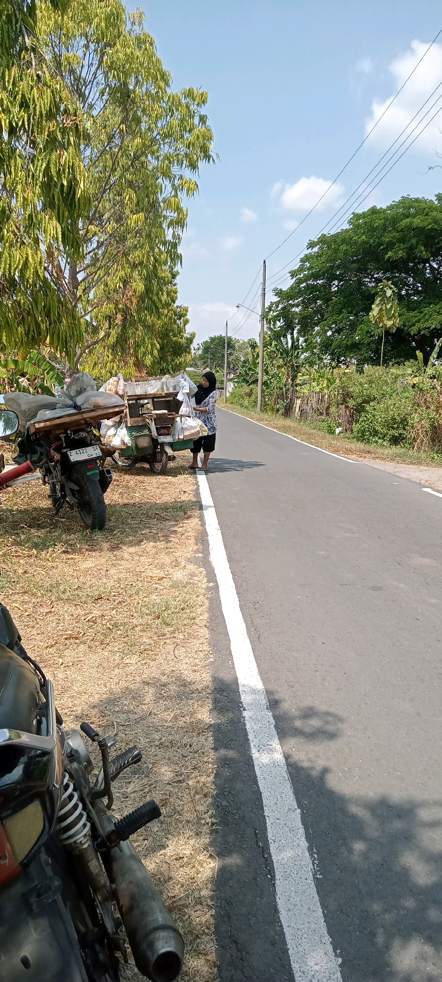 A woman wearing a dark hijab and a patterned shirt with black shorts stands next to a motorcycle trailer loaded with sacks and boxes of goods. The trailer is attached to a motorcycle. Another motorcycle is partially visible in the foreground. The scene is set on the side of a paved road with a white line marking the edge. Dry grass and some trees line the road, with more trees and foliage visible in the background. Power lines and poles are also present. The sky is blue with scattered white clouds, indicating a sunny day. The overall impression is a roadside scene in a rural or semi-rural area, likely Tangkisan, Indonesia, where goods are being transported or sold.