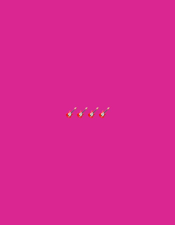 The image is a digitally created graphic with a solid hot pink background. Centered horizontally and positioned in the lower third of the image are four identical red electric guitar emojis, evenly spaced. There are no discernible features related to the city of Gorzow, Poland, or any real-world environment.