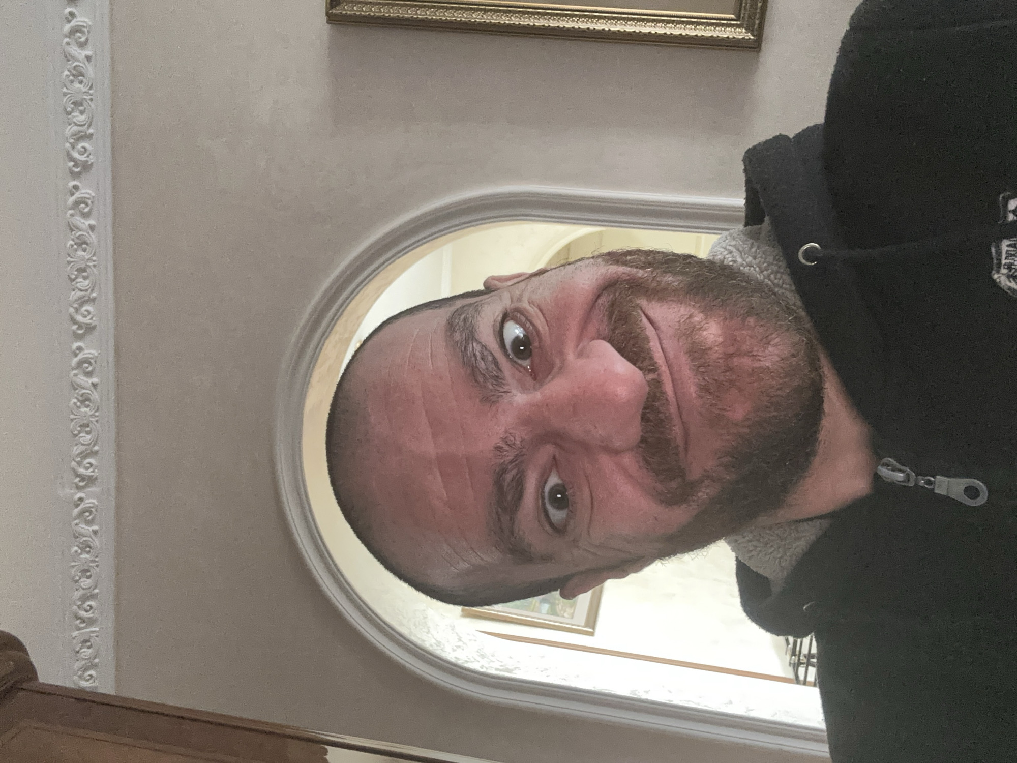 The image is a selfie of a bald, fair-skinned man with a beard. He is making a surprised or exaggerated facial expression, with wide eyes and a grinning mouth. He is wearing a black hooded sweatshirt with a zipper. The background appears to be an indoor setting with a wall, an arched doorway, and decorative molding on the ceiling. A framed picture is visible on the right side of the background. The lighting suggests it is daytime. There is no discernible information about the location being Moscow, Russia.