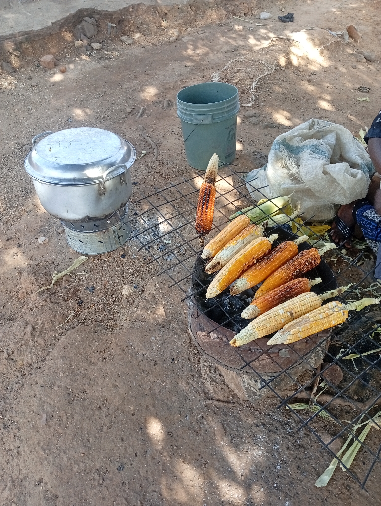 In Rafin Par, Nigeria, an outdoor cooking scene unfolds on a dusty, dirt ground. Several ears of corn are laid out on a black metal grill, some of which are already charred, suggesting they are being roasted over a fire. Below the grill, embers and ash are visible, indicating an active cooking area. To the left, a large, lidded metal pot sits atop a cylindrical metal stove, hinting at other cooking methods being employed or prepared. In the background, a green plastic bucket and a burlap sack are present, common items in a utilitarian outdoor setting. The overall impression is one of a traditional, on-site food preparation, likely for a meal or market.