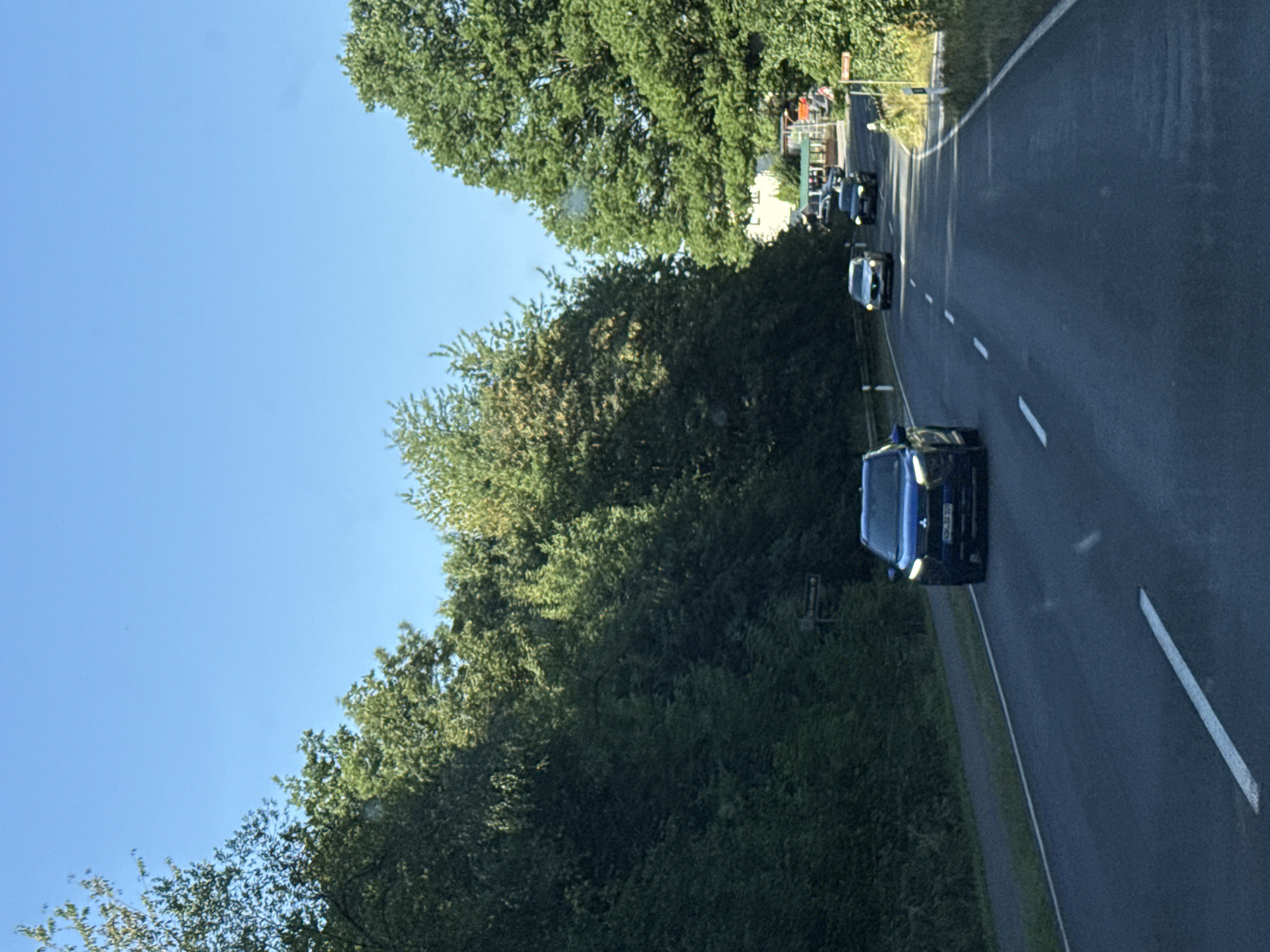 The image shows a road in a rural setting, likely in the Harz region of Lower Saxony, Germany. A dark blue SUV, with its headlights on, is driving down the road in the foreground. Further down the road, a silver sedan and a dark-colored SUV are also visible. The road is bordered by dense green trees and vegetation on both sides, with a clear blue sky overhead. A signpost is visible on the right side of the road, suggesting a directional marker. The scene depicts a normal daytime drive through a wooded area.