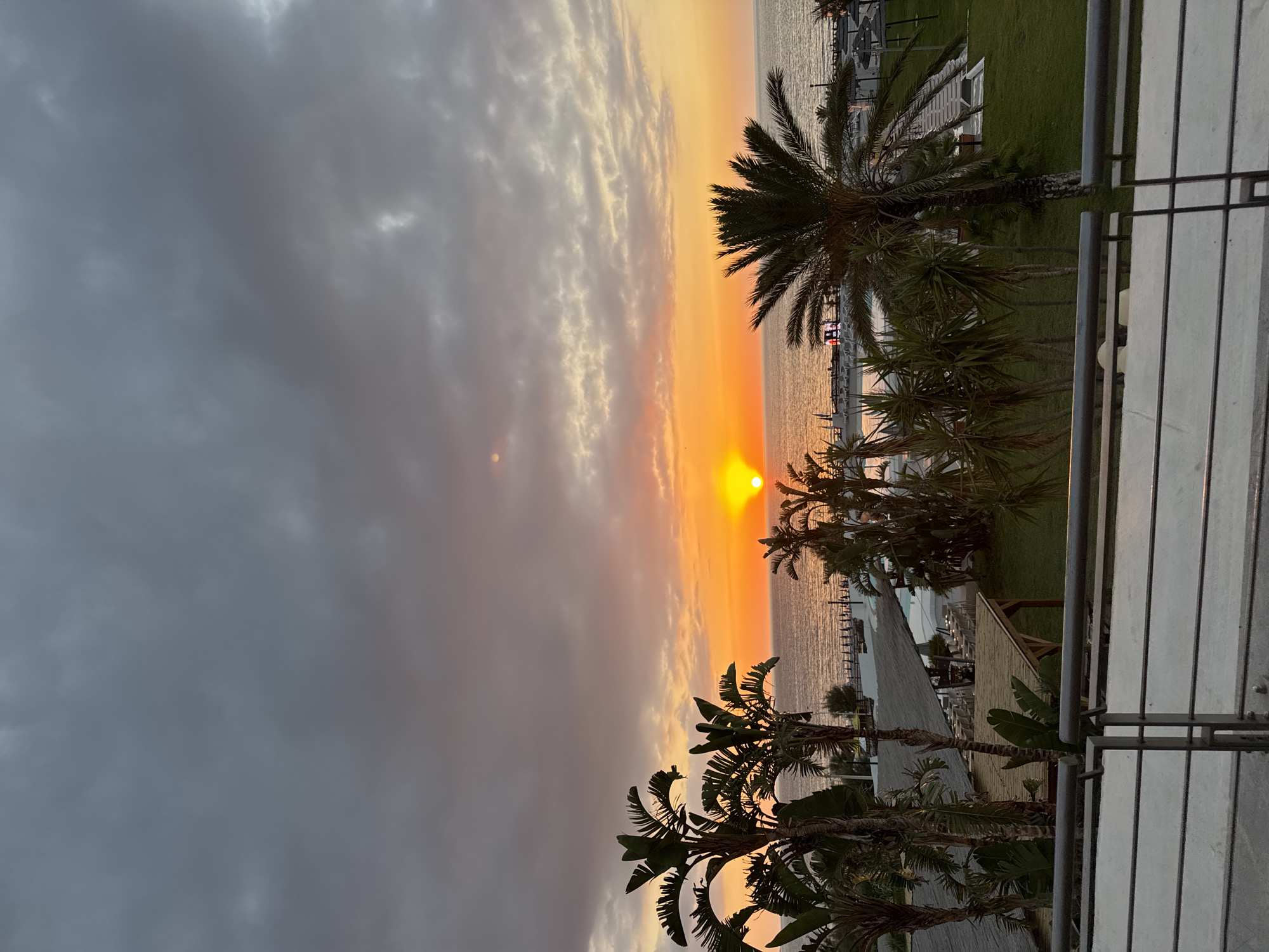 The image depicts a sunset over the sea in Isola delle Femmine, Italy. The sun, a bright orange orb, is positioned near the horizon, casting a warm glow across the water. Dark, dramatic clouds fill the upper portion of the sky, contrasting with the vibrant sunset hues of orange, pink, and yellow. In the foreground, several palm trees, some tall and slender, others shorter and bushier, are silhouetted against the sky.
Below the palm trees and the sea, a resort or hotel complex is visible. This includes a swimming pool, lounge chairs, umbrellas, and outdoor dining areas with tables and chairs. The architecture appears to be modern and designed for a tropical or Mediterranean setting, with thatched roofs and open-air structures. A balcony railing with metal bars is in the very foreground, suggesting the image was taken from an elevated position, possibly a hotel room or balcony. There are no people clearly visible in the frame. The overall atmosphere is tranquil and scenic, characteristic of a coastal sunset.