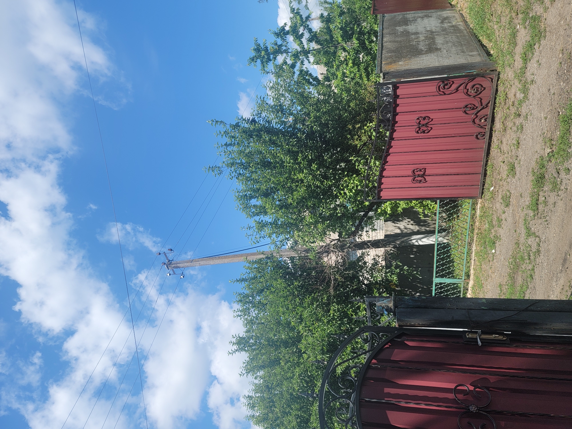 The image shows an outdoor scene in the village of Vovkivka, Ukraine, on a clear day with blue skies and scattered white clouds. In the foreground, a red metal gate with ornate wrought iron details is partially open, revealing a darker metal post with a handle. To the right of this gate, another red metal gate is visible, also featuring decorative ironwork. Behind the gates, lush green trees dominate the midground, obscuring parts of a building with brick walls. A concrete and metal fence runs horizontally behind the red gates and the trees. A utility pole stands prominently in the center of the image, with power lines extending across the sky. The ground is a mixture of dirt and sparse green grass. The overall impression is of a rural or suburban residential property.