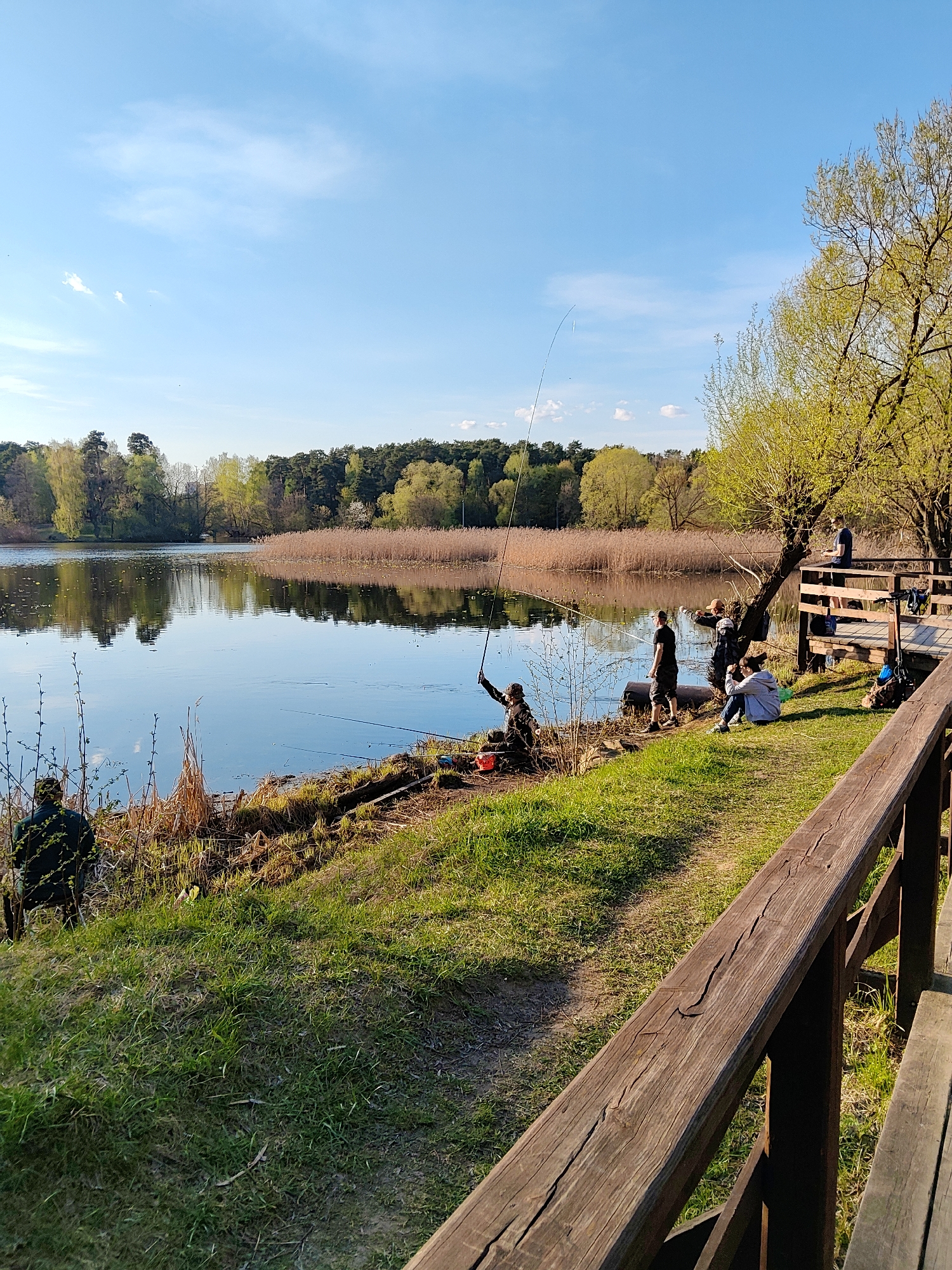 The image depicts a group of people engaged in fishing and leisure activities along the bank of a lake. Several individuals are actively fishing, evidenced by fishing rods and their focused postures. Others are sitting or standing nearby, seemingly observing or socializing. A wooden deck structure with railings is visible on the right side of the frame. The lake's surface reflects the surrounding trees and sky, indicating calm weather conditions. The foreground consists of grassy terrain, suggesting a park or recreational area. The location is an unknown city.