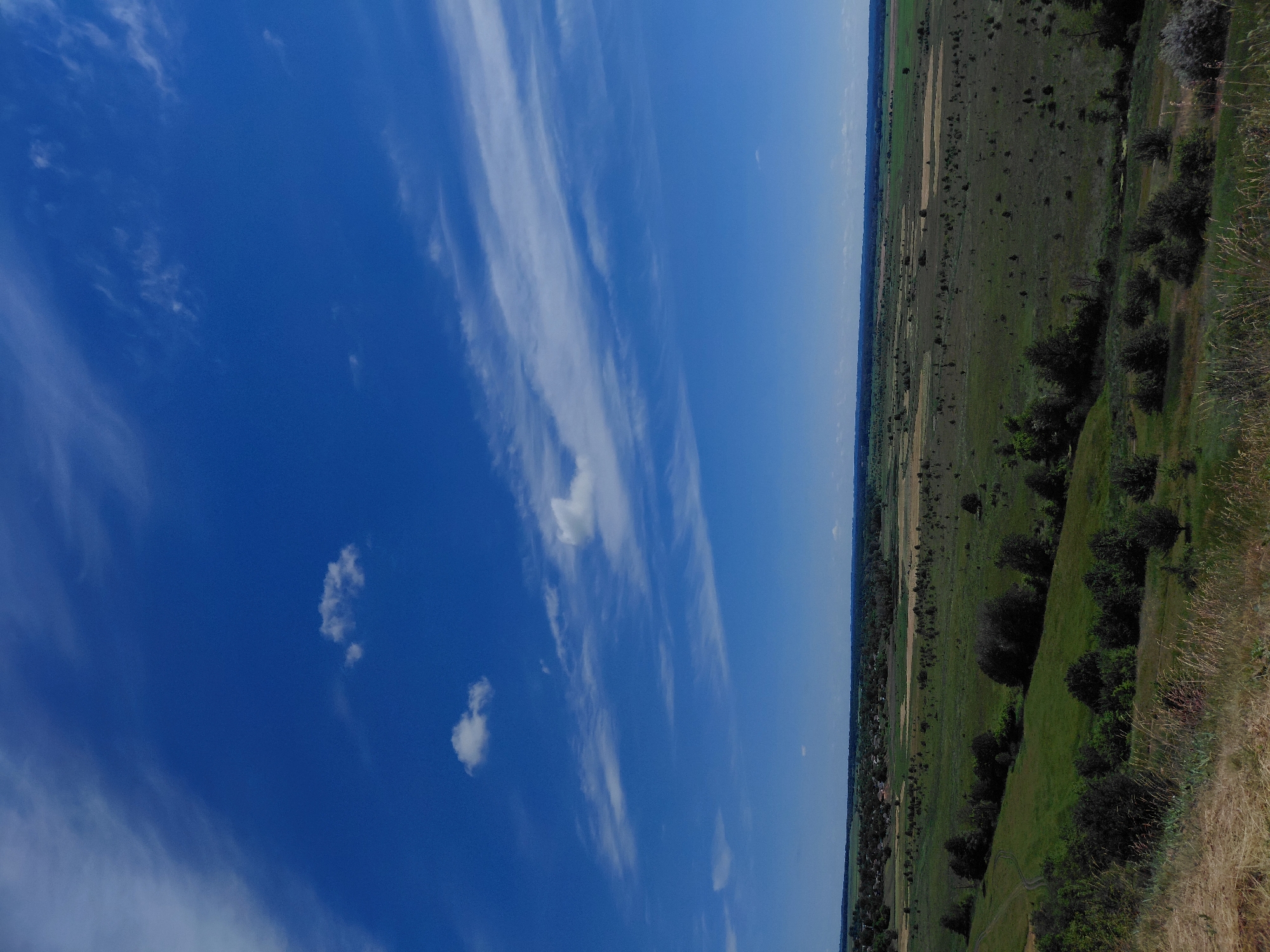This is a wide shot of a rural landscape under a bright blue sky with wispy white clouds. In the foreground, a grassy slope is visible, with dry grass and some small trees. The middle ground features rolling green fields dotted with trees and patches of dry grass or crops, suggesting a rural agricultural area. A winding dirt road can be seen in the left middle ground. In the distance, a village with scattered buildings and trees is nestled amongst more fields. The horizon is a soft line where the fields meet the distant, slightly hazy sky. The scene depicts a serene, undeveloped countryside, characteristic of the Ustyvytsia, Ukraine region. There are no people or animals visible in the image.