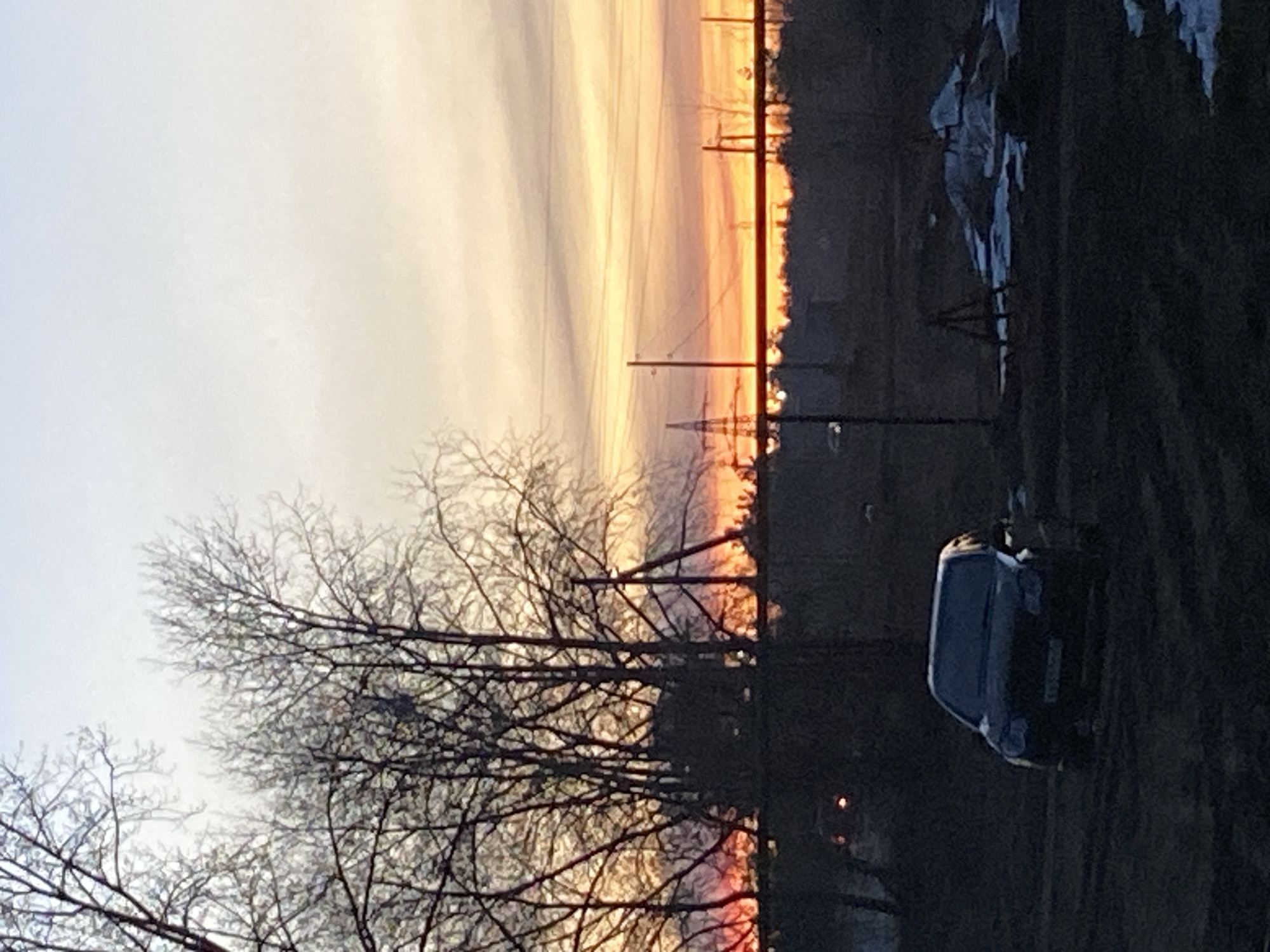 The image captures a scene at dusk in Noviy, Russia. The sky transitions from a pale white to shades of orange and red as the sun sets. Silhouetted against the horizon are electrical power lines. A leafless tree occupies the left side of the frame, its branches forming a network. A dark-colored car is parked along a dirt road on the right. A patch of snow remains on the ground in the upper right corner. The overall impression is of a cold, late-autumn or early-winter evening.