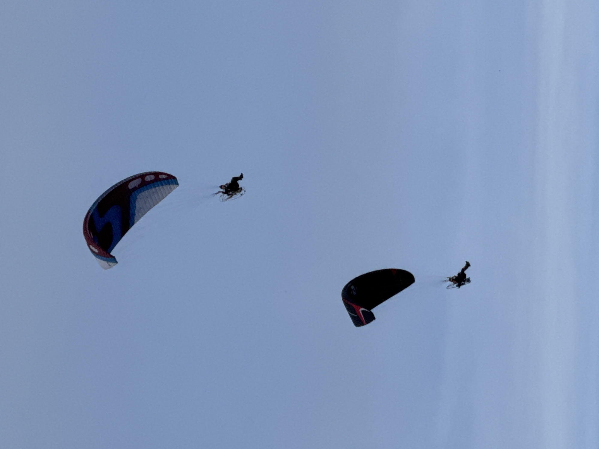 The image shows two paramotors flying against a clear blue sky. The paramotors are in different positions in the frame, with one higher and to the right, and the other lower and to the left. Both paramotors have pilots visible. The paramotor on the upper right is red, white, and blue, with a pilot in a dark suit. The paramotor on the lower left is black with red accents, also with a pilot in a dark suit. The scene appears to be an open-air activity.