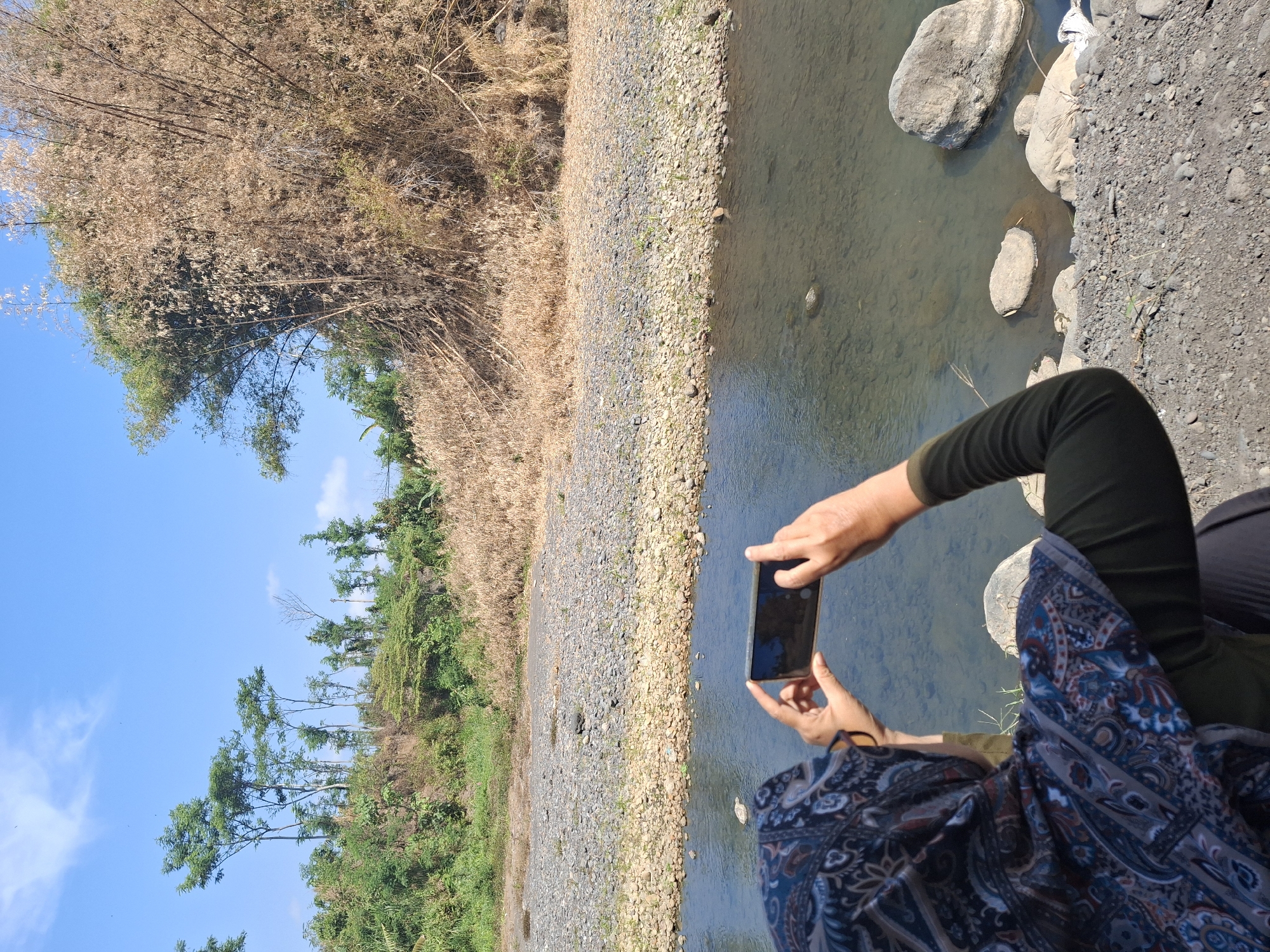 A person wearing a hijab and an olive green long-sleeved shirt is standing on the bank of a shallow, rocky river, holding a smartphone horizontally to take a picture. The river flows calmly, with visible rocks on the riverbed and in the water. The riverbank is covered in small pebbles and larger stones, with some dry grass and sparse vegetation. In the background, there is a steep, vegetated embankment with trees and dry, tall grass or bamboo. The sky is clear blue with a few wispy clouds. The overall scene depicts a natural river landscape under a bright sky. This location is likely in the Lumajang region of Indonesia, known for its numerous rivers and natural beauty.