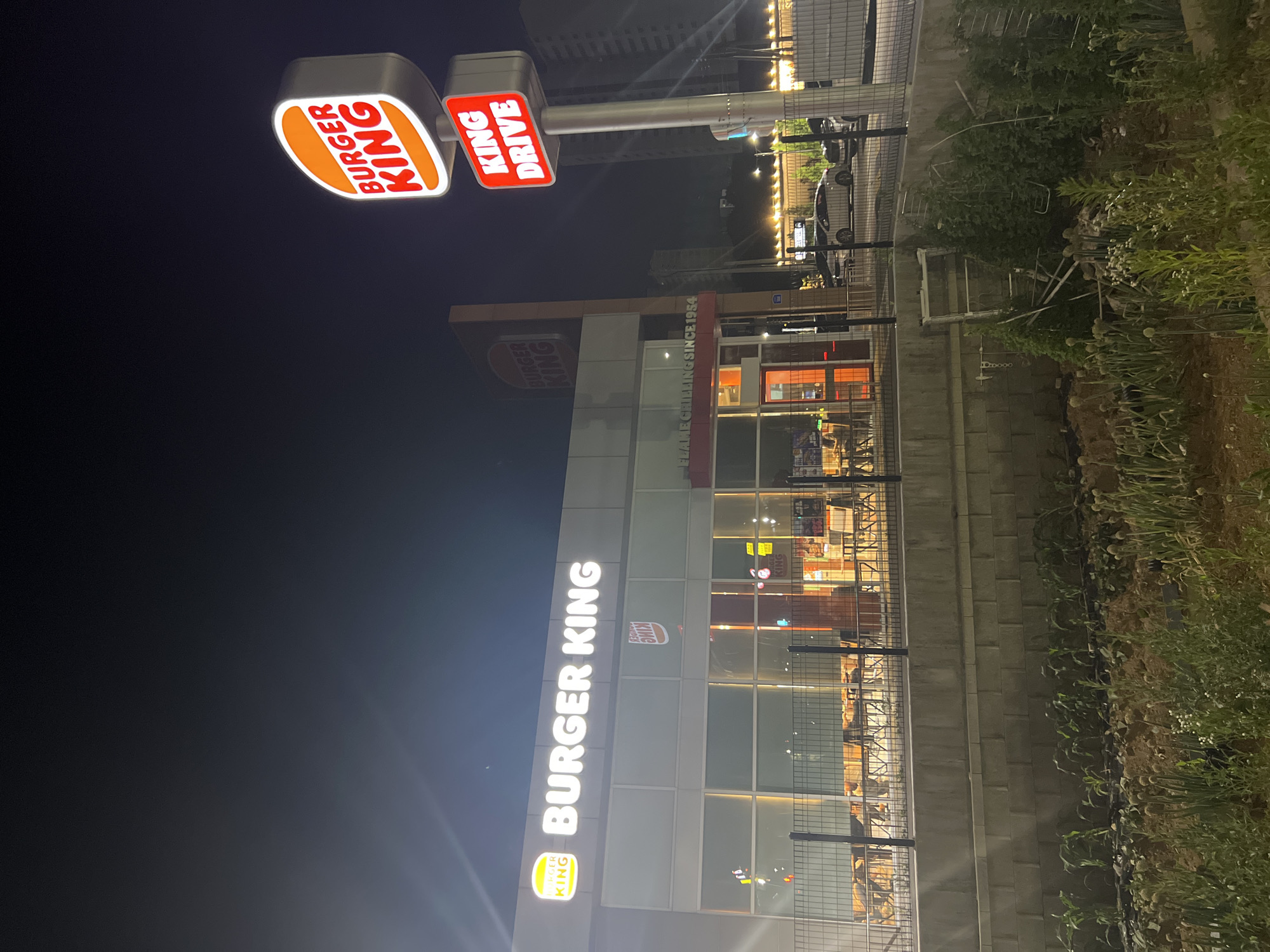 The image captures a Burger King restaurant at night, rotated 90 degrees clockwise. The scene is dark, illuminated primarily by the restaurant's signage and interior lights.
Prominently featured is a large vertical sign on the building displaying "BURGER KING" in glowing white letters, with a smaller Burger King logo in yellow at its bottom. To the upper left, a pole sign has two illuminated panels: one orange with the "BURGER KING" logo, and the other red with "KING DRIVE" in white text, indicating a drive-thru service.
The restaurant building has a modern design with large glass windows, revealing an interior with tables and chairs, suggesting a dining area. On the building's façade, the text "FLAME GRILLING SINCE 1954" is visible. Below the windows, there's a grey block-like retaining wall, behind which is a landscaped area with green foliage and plants, some bearing small white buds or flowers.
In the background, beyond a fence, several cars are visible, implying a parking lot or a road, along with distant lights of other buildings or streetlights. No specific individuals are clearly identifiable. The overall setting is a commercial area late at night, with the Burger King actively open for business.