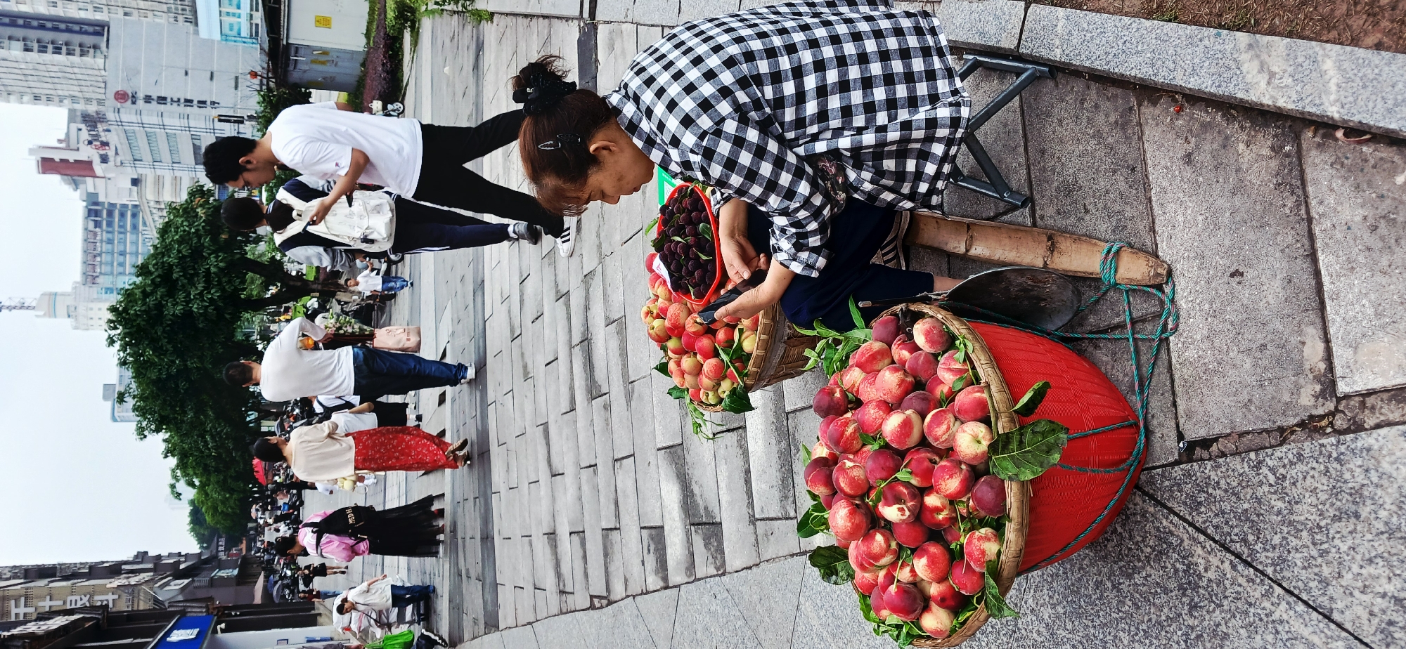 The image shows a street scene in Jiulongpo District, Chongqing, China. A woman wearing a checkered shirt is kneeling beside two baskets of fruit, one containing red peaches and the other dark purple fruit. She is holding a mobile phone. The baskets are placed on the sidewalk. In the background, people are walking on the sidewalk. Buildings are visible across the street.
