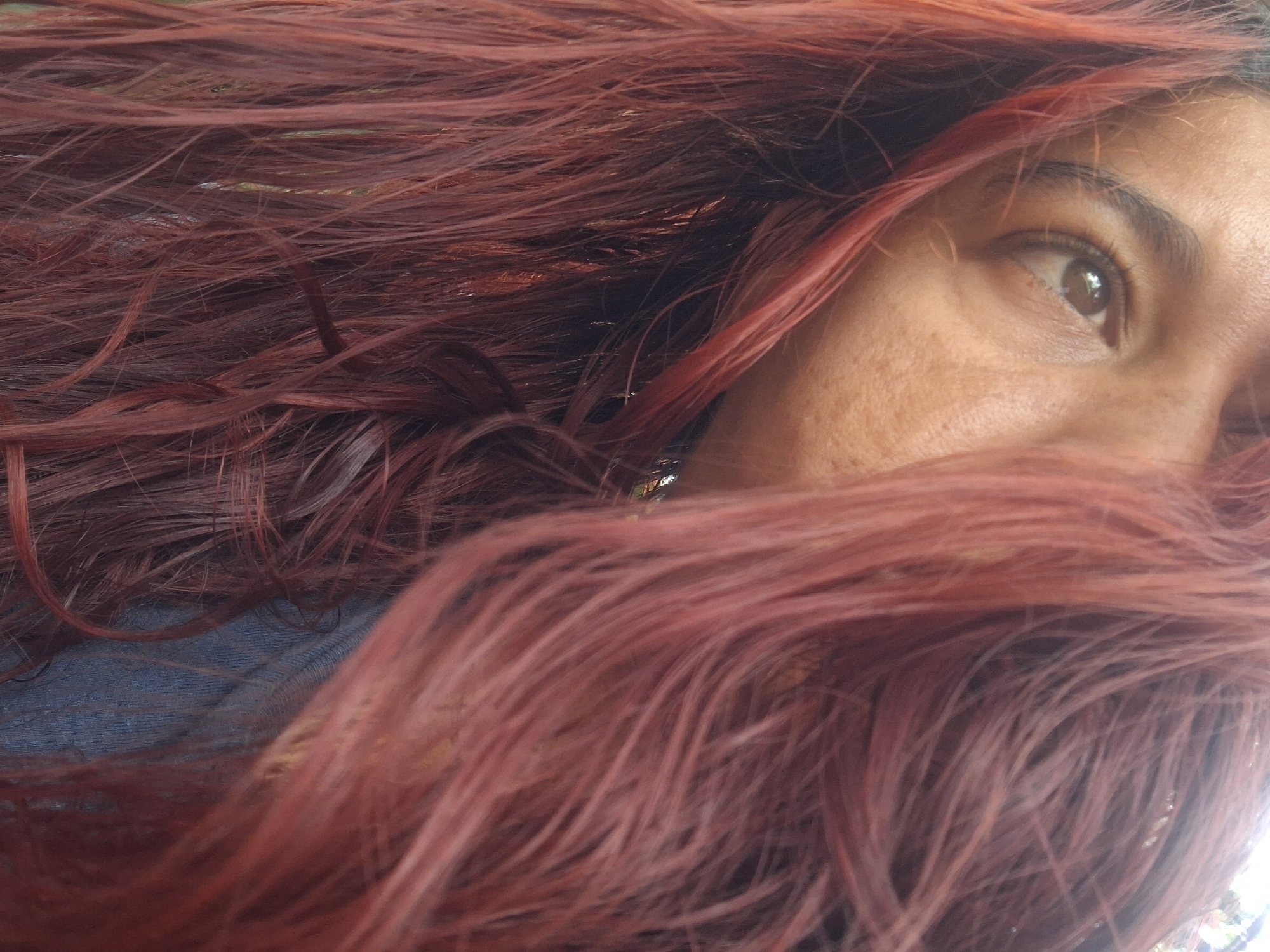 This close-up portrait features a person, likely a woman, with long, vibrant red or auburn hair that largely frames and partially obscures their face. The hair, appearing to be in motion or deliberately styled, dominates the foreground and background, with individual strands visible throughout the frame.
The visible part of the face includes the right eye, eyebrow, and a portion of the cheek and nose. The eye is a deep brown, reflecting a soft light source. The skin has a warm tone and shows natural texture. The overall expression conveyed by the visible eye is calm and direct, possibly contemplative.
In the lower left section of the image, and subtly peeking through strands of hair in other areas, is a glimpse of blue fabric, suggesting clothing, possibly denim. The lighting appears to be natural daylight, without harsh shadows, implying an outdoor setting or a brightly lit indoor space.
The image focuses intently on the person's eye and hair, creating an intimate and somewhat mysterious aesthetic. No specific activity beyond posing for the photograph is evident. There is no visible text in the image. The location context provided is Vallecito, Venezuela, though no distinct geographical markers are present within the photograph itself.