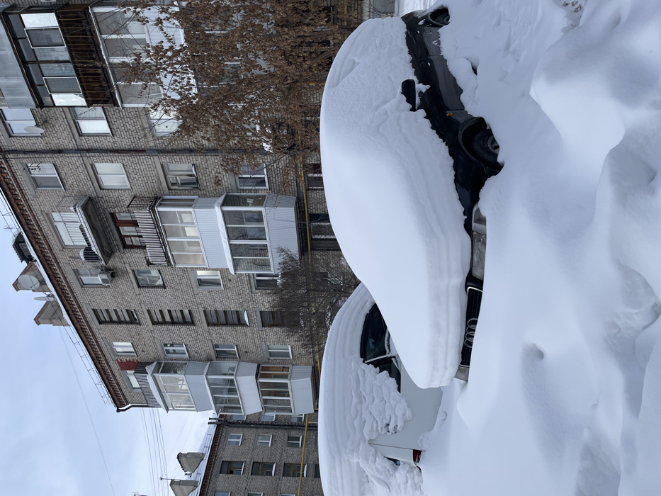 The image depicts a residential street in Yekaterinburg, Russia, under heavy snowfall conditions. The scene is dominated by deep, undisturbed snow covering the ground and two parked vehicles. In the foreground-right, a dark-colored sedan, identified by an Audi emblem on its grille, is almost entirely encased in a thick, smooth layer of snow, which forms a significant mound over its roof and hood. To its left, a white vehicle is also heavily buried in snow, with substantial accumulation visible on its upper surfaces. The snow on the ground reaches well above the vehicles' wheels.
In the background, a multi-story, light grey brick apartment building stands. It features numerous windows, several enclosed balconies with white or brown frames, and some open balconies with metal railings. Air conditioning units are mounted on the building's exterior. A bare, deciduous tree with brown branches is positioned in front of the building on the right side. Another similar brick apartment building is partially visible in the left background. Overhead, the sky is overcast and light grey. No individuals or active elements are present.