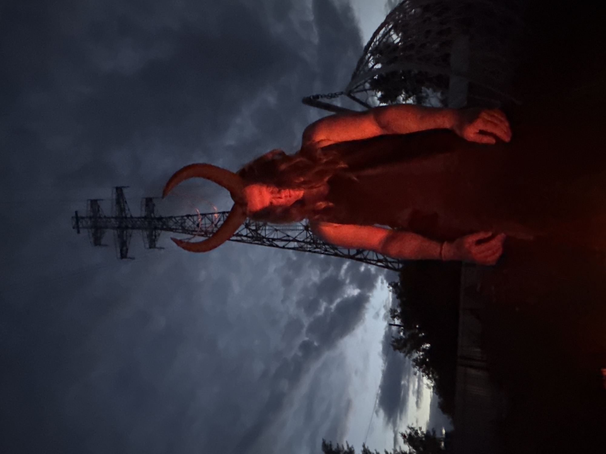 An individual wearing large, curved, red-lit horns and a dark garment stands in front of a tall, lattice-like electrical transmission tower. The sky above is dark and cloudy. The person's face is illuminated by a red light, and their arms are extended slightly forward, hands open. The scene appears to be outdoors, with trees and a fence visible in the background. The presence of the electrical tower suggests an industrial or semi-rural area, potentially on the outskirts of a city. Based on visual cues and information about Chaikovsky, Russia, this scene is likely located in an area with such infrastructure, possibly near a power substation or along transmission lines outside the main urban center. The time appears to be dusk or night, given the low light conditions and the illuminated elements.