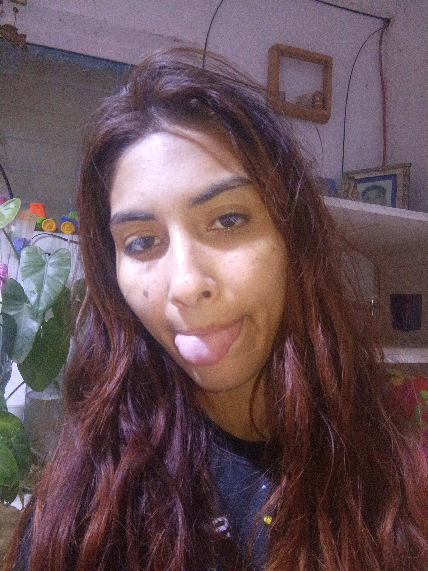 A woman with light brown skin and long, wavy auburn hair is making a face by sticking out her tongue. She has freckles on her face and is wearing a dark-colored shirt. To her left is a houseplant with large, green leaves. Behind her, there is a white shelf with picture frames and decorative objects. A small wooden frame hangs on the wall. The location is Unknown, Unknown.