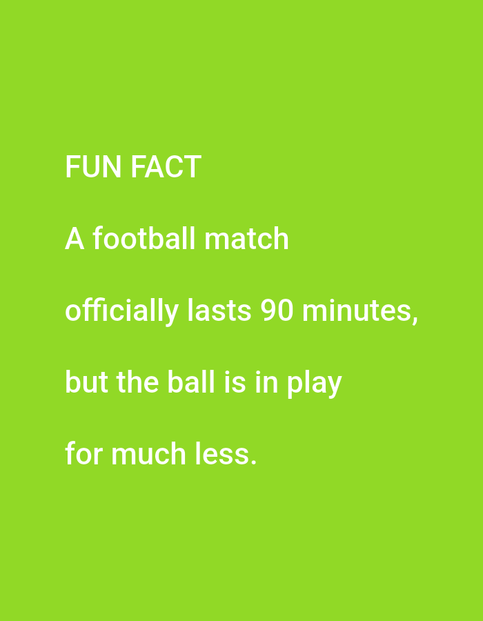 The image displays text on a bright green background. The text reads: "FUN FACT A football match officially lasts 90 minutes, but the ball is in play for much less." There is no indication of the city of Lagos, Nigeria, or any specific environment within it. The image solely consists of this text against a plain background.