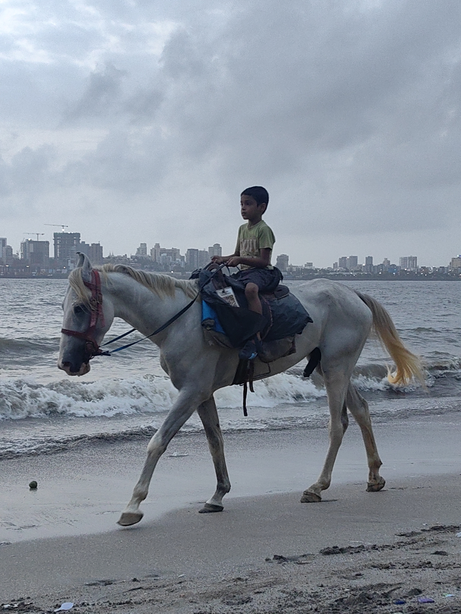 An overcast sky looms over a beach in Mumbai, India, where a young boy rides a white horse. The boy, wearing a light green t-shirt and dark shorts, sits on a saddle with a dark bag attached behind him. The horse walks along the sandy shore, its hooves occasionally splashing in the gentle waves of the Arabian Sea. In the distance, the Mumbai skyline is visible, with numerous buildings and construction cranes dotting the horizon. The scene is a snapshot of everyday life, capturing a moment of leisure amidst the urban landscape.