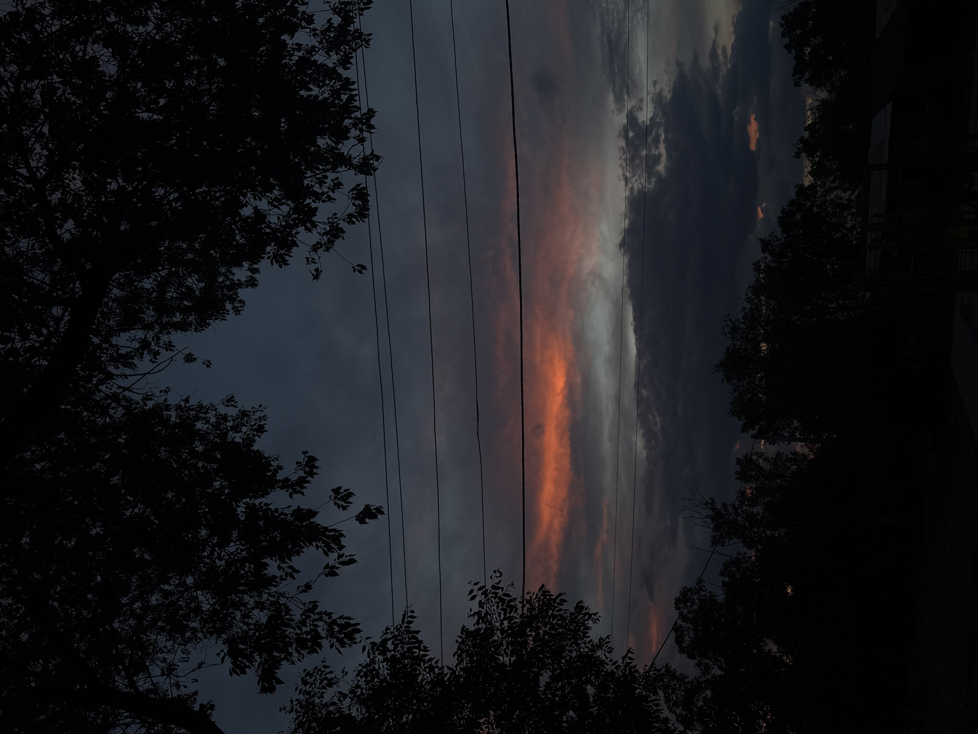 The image depicts a sky at dusk, framed by silhouetted trees on both sides. Power lines stretch horizontally across the center of the frame. The sky features a band of orange-tinted clouds flanked by darker gray and blue cloud formations. The environment appears urban or suburban based on the presence of power lines. The time is likely twilight due to the fading light and color variations in the sky.
