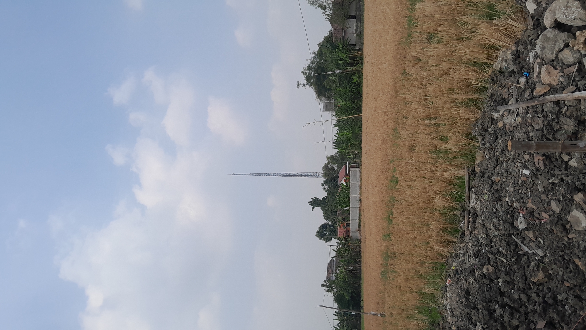 A wide-angle, vertical outdoor shot captures a rural Indonesian landscape under a partly cloudy sky. The foreground is dominated by a mound of dark grey rubble, composed of rocks and debris. Beyond this lies a vast field of dry, golden-brown stalks, likely harvested rice or wheat. In the midground, a line of trees and vegetation separates the field from a residential area. Several houses with tiled roofs are visible, interspersed with lush green banana trees. A tall, slender telecommunications tower rises prominently in the distance, piercing the sky. The scene is set in Kasiman, Indonesia.