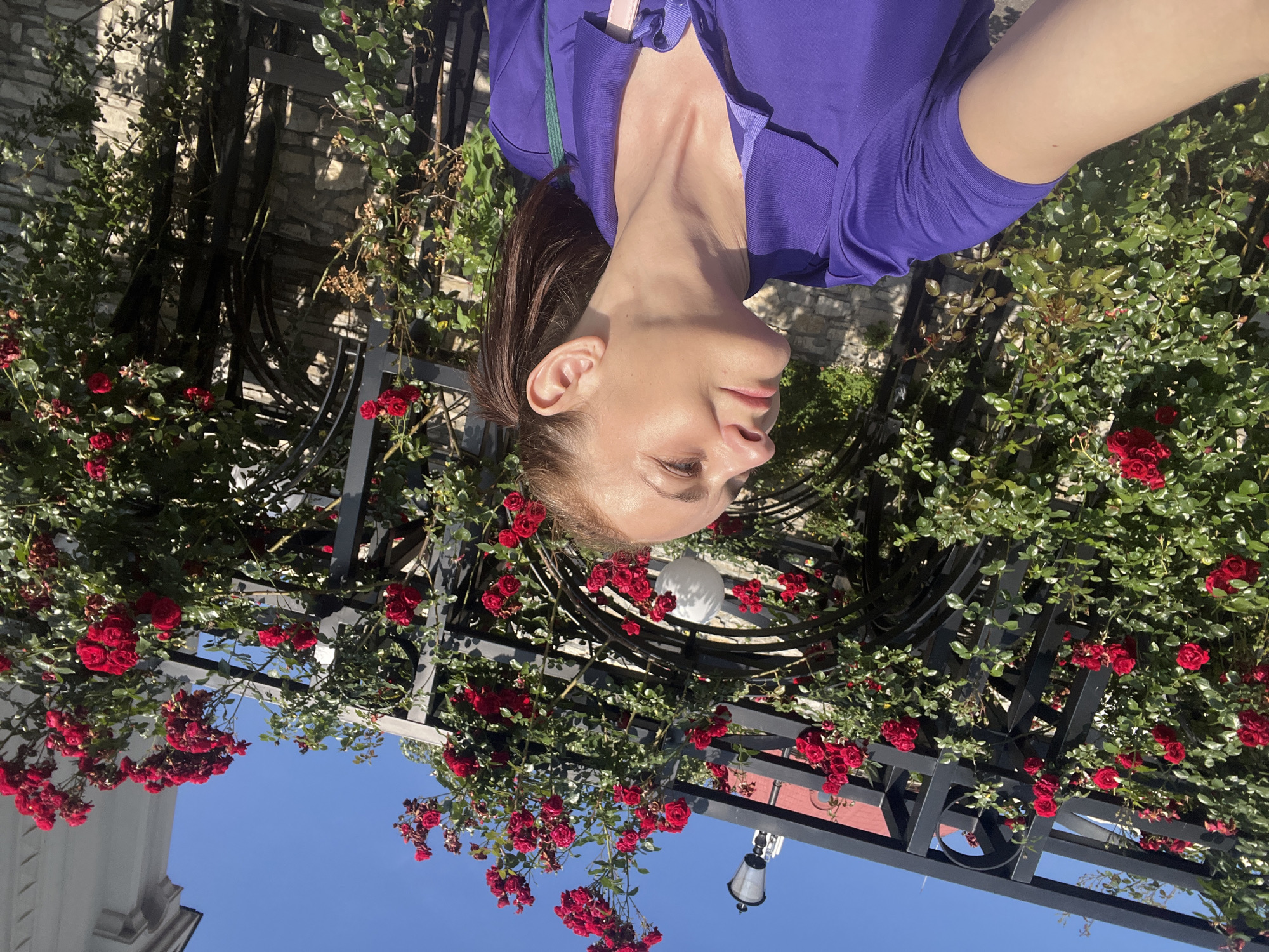 A woman is taking a selfie outdoors in front of a rose trellis on a sunny day. She is wearing a purple polo shirt and her hair is pulled back in a ponytail. The rose trellis is adorned with red roses and green foliage, and a stone wall is visible behind it. The sky is clear and blue.