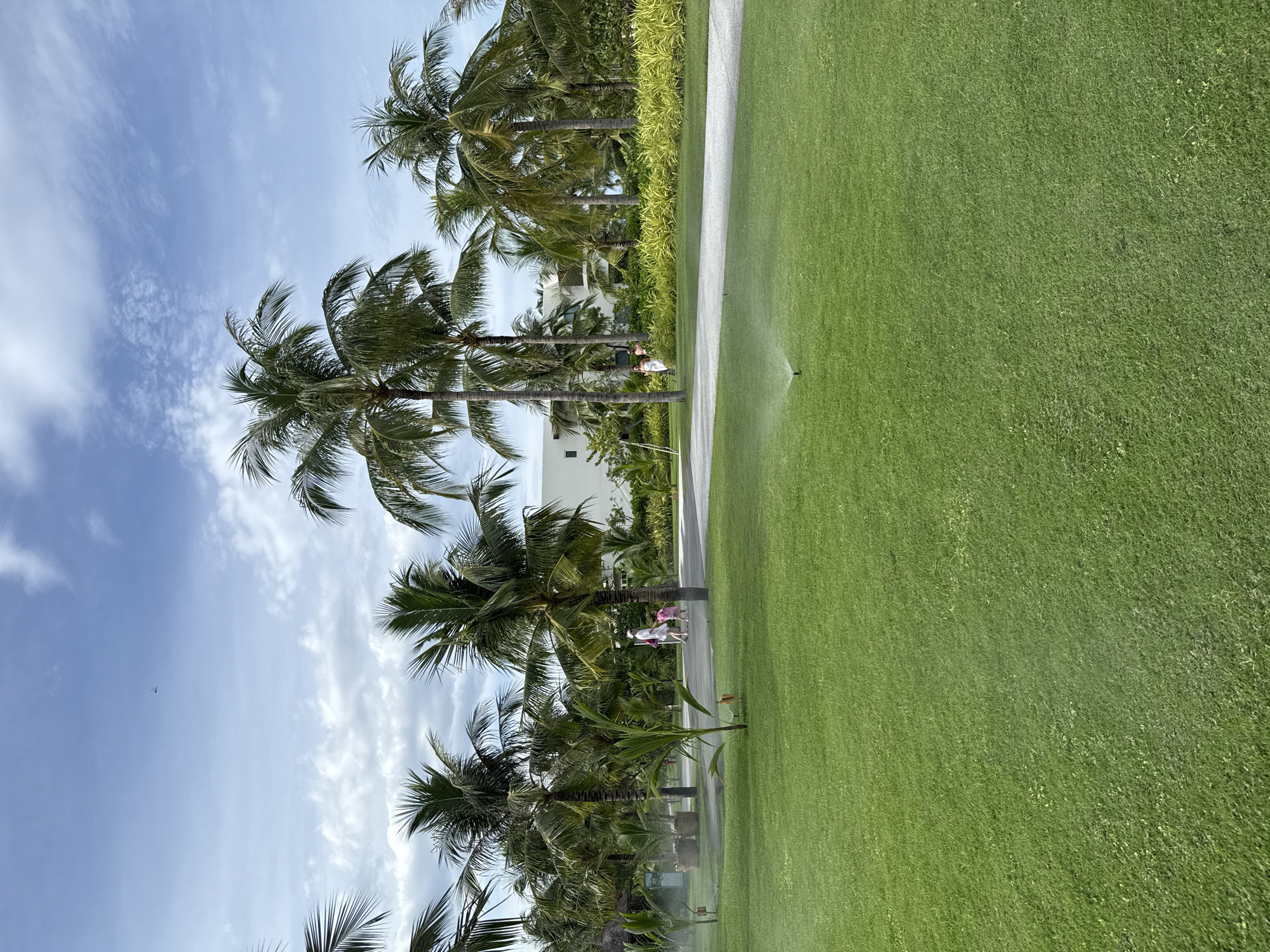 The image depicts a tropical resort landscape in Cam Lam, Vietnam, characterized by a lush green lawn, numerous palm trees, and a clear sky with scattered clouds. In the foreground, a sprinkler is actively watering the grass, creating a fine mist. A paved pathway runs through the middle ground, bordered by vibrant green foliage on the right. Two individuals, one adult and one child, are walking on the pathway, moving away from the viewer. In the background, several white resort buildings are visible, partially obscured by the palm trees. The overall scene conveys a serene and well-maintained outdoor environment typical of a coastal resort.