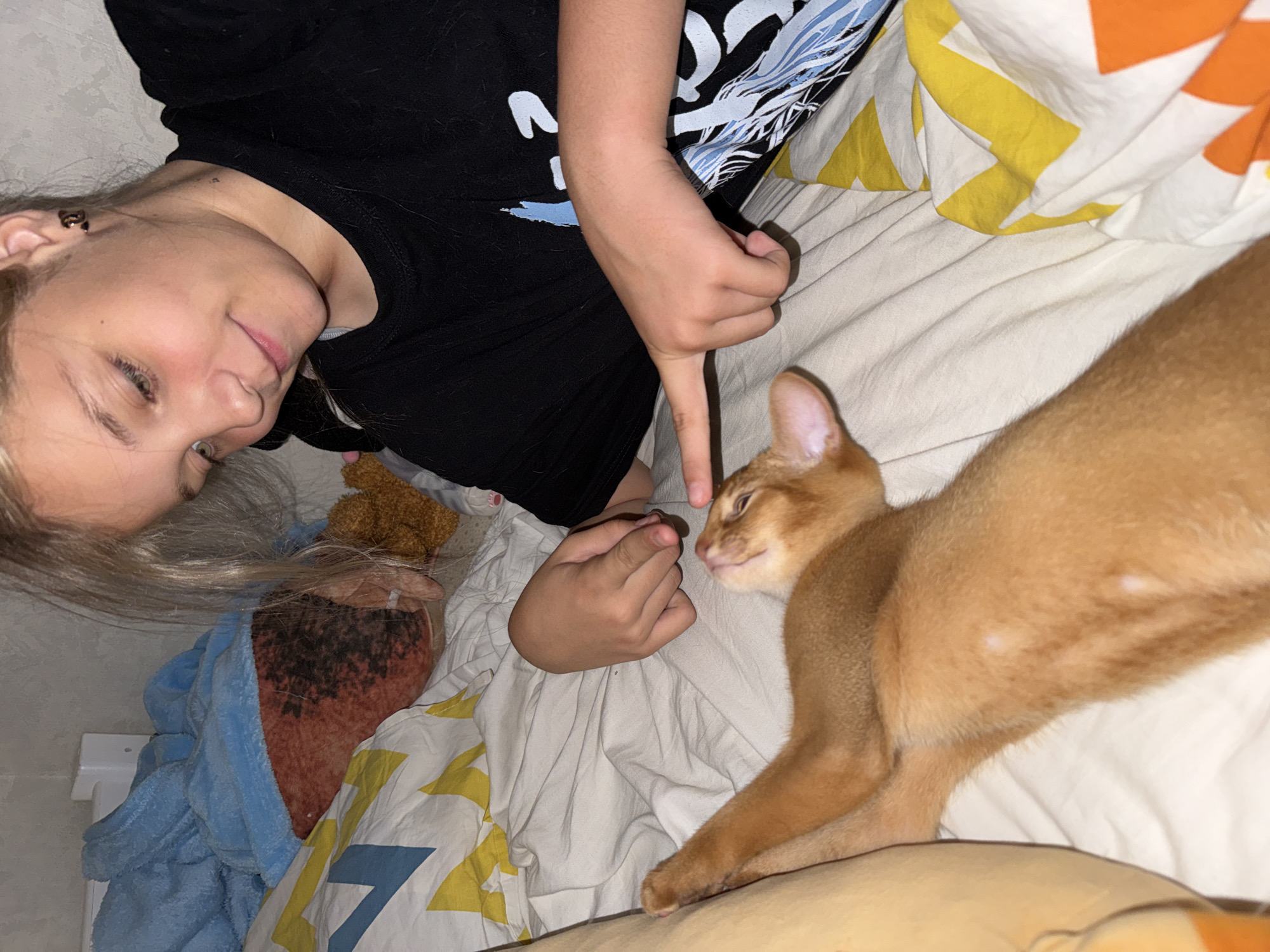 This media file captures a close-up, rotated view of a young person lying in bed next to an orange cat. The person, with blonde hair and light-colored eyes, is looking towards the camera with a gentle smile. They are wearing a black t-shirt with a white and blue graphic design. Their right hand is extended, with a finger pointing towards the cat's head, indicating interaction between the two.
The cat, an Abyssinian breed judging by its sleek coat and facial features, is lying on its side, facing the person. Its gaze is directed towards the person's finger. The bed is covered with white linens and a comforter featuring a bold geometric pattern in yellow and orange. A blue towel or robe is partially visible on the left side of the frame, along with a teddy bear peeking out from behind the person's back.
The scene appears to be indoors, likely a bedroom, given the presence of a bed and what looks like a radiator or heater in the background on the left. The lighting suggests it could be daytime, or at least a well-lit room. The overall mood is relaxed and intimate, highlighting the bond between the child and their pet. The provided location context is Stary Oskol, Russia. No visible text is present in the image.