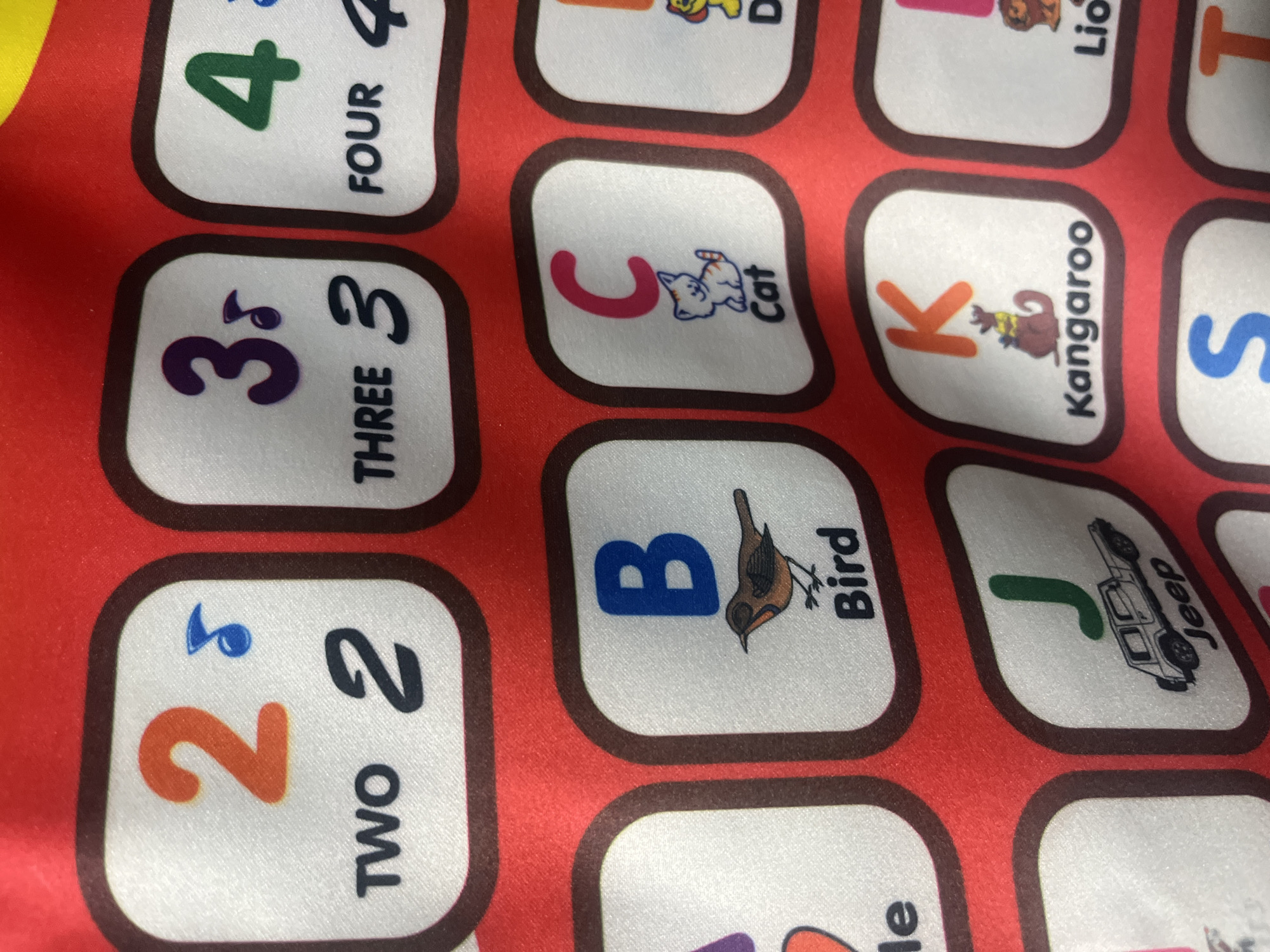 The image displays a close-up of a colorful educational chart, likely a fabric poster, featuring alphabet letters and numbers with accompanying illustrations. The chart has a red background with white rectangular boxes outlined in brown, each containing its respective content.

In the top row, we see boxes with the number '2' in orange, accompanied by a musical note and the word "TWO" and the numeral '2'. To its right, a box contains the number '3' in purple, a musical note, and the word "THREE" and the numeral '3'. Further to the right, a box shows the number '4' in green, and the word "FOUR".

The second row features alphabet letters. A box contains the letter 'B' in blue, with a small illustration of a bird below it and the word "Bird". Next to it, a box displays the letter 'C' in pink, with a drawing of a cat and the word "Cat".

The third row shows the letter 'J' in green, with an illustration of a jeep and the word "jeep". To its right, a box contains the letter 'K' in orange, with a drawing of a kangaroo and its joey, and the word "Kangaroo".

The bottom row shows part of the letter 'S' in blue.

The image does not provide any information about the location of this chart within the city of Tarnivtsi, Ukraine.