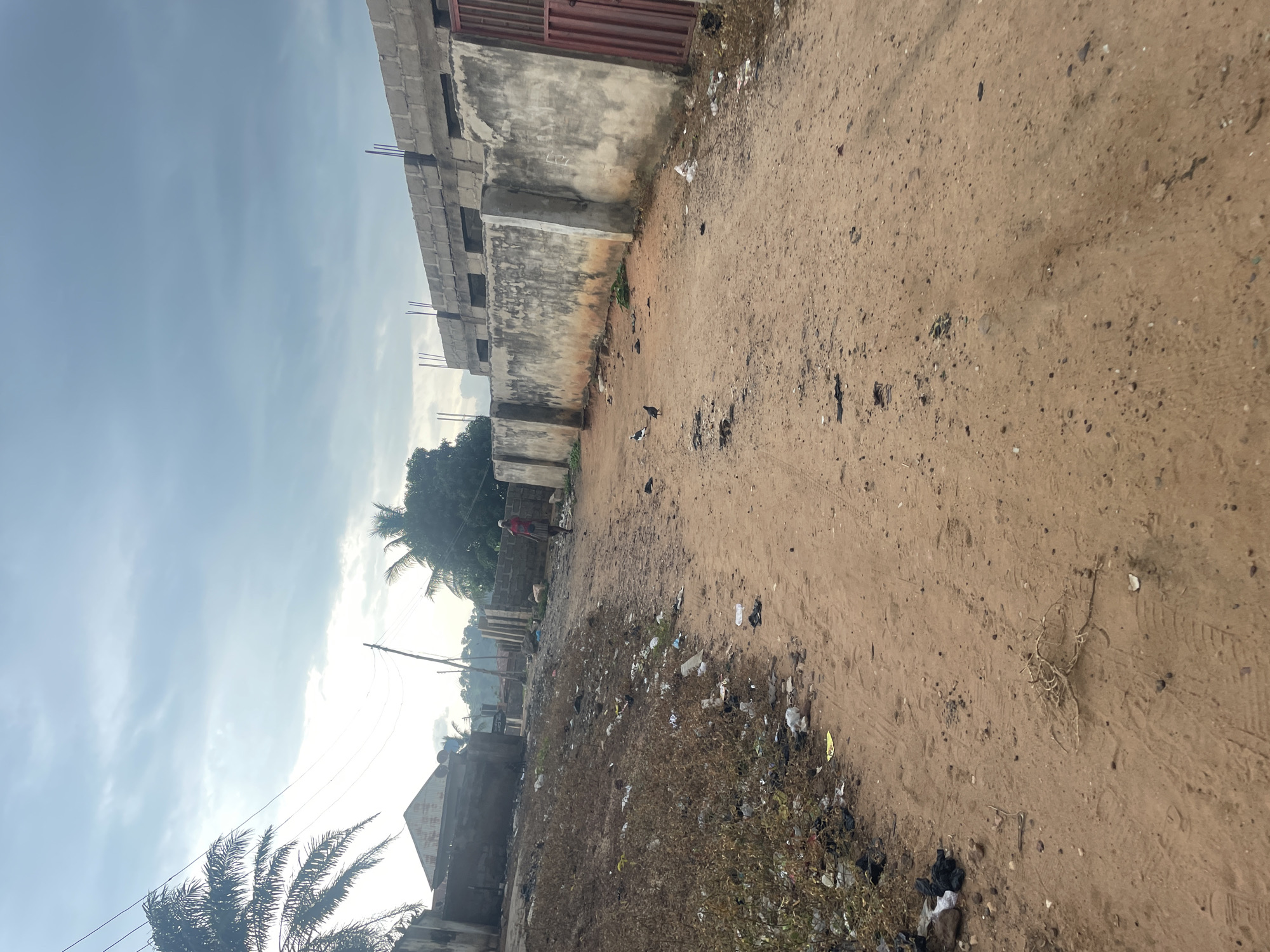 In Lokoja, Nigeria, a dirt road stretches through a somewhat unkempt urban area. On the left, a patch of dry, overgrown vegetation is littered with various pieces of trash, including plastic bags and bottles, contrasting with the reddish-brown dirt of the road. Further down the road, several birds are visible, pecking at the ground. On the right side of the road, a wall constructed of grey concrete blocks runs along the property line, with some sections appearing weathered and stained. Beyond this wall, a building under construction is visible, with exposed rebar protruding from the top. In the distance, a lone individual wearing a red shirt walks away from the camera. Palm trees and other tropical foliage are scattered throughout the scene, and the sky is overcast with grey clouds. The overall impression is of a developing area with evidence of both construction and the challenges of waste management.