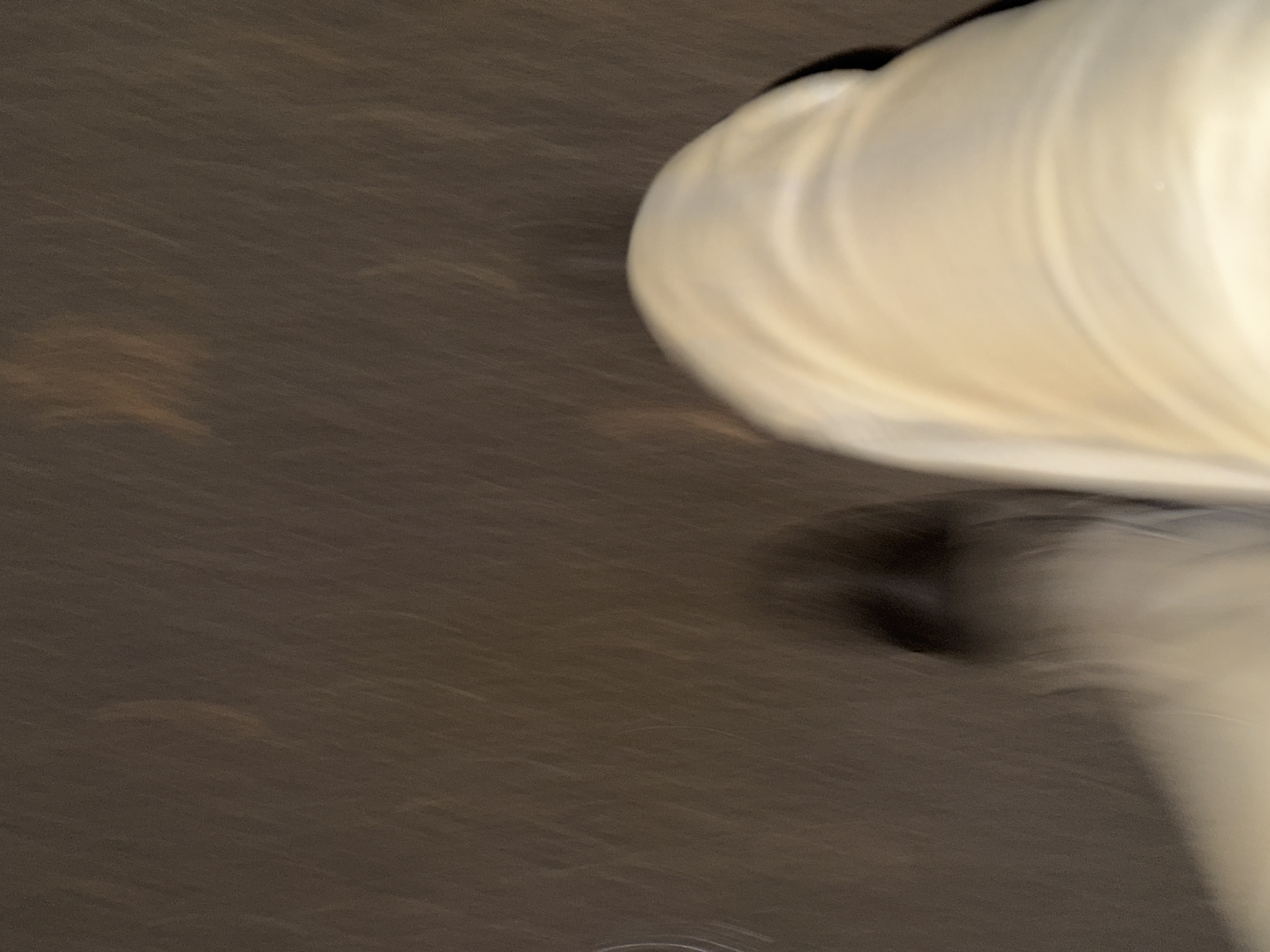 The image displays a first-person, downward-angled view of an individual's lower body and the immediate ground, captured in motion within the city of Paris, France. The lower right quadrant of the frame reveals a leg clad in light-colored, possibly off-white or cream, trousers. In the lower left, a dark-colored shoe is visible on the left foot, rendered indistinct due to significant motion blur. The background consists of a dark, undifferentiated surface, presumed to be ground or pavement, exhibiting linear streaks and subtle light brown/orange highlights, consistent with reflections from artificial lighting and the effects of motion blur during locomotion. The pervasive blur across the scene indicates the subject was actively walking or moving at the time of image capture.