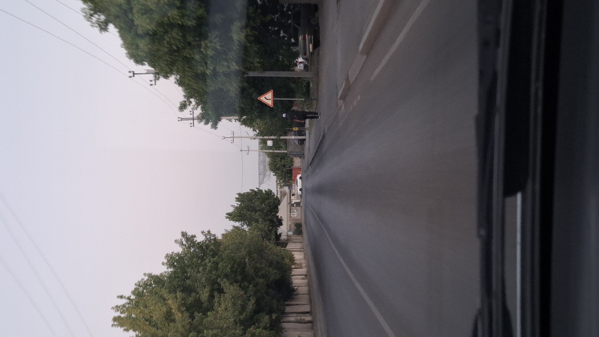 The image captures a street scene in Shymkent, Kazakhstan, likely taken from the interior of a vehicle. The foreground shows the dashboard of a car, with a slightly blurred view through the windshield. The road ahead is paved, with clear lane markings.
On the left side of the road, there is a concrete wall and a line of mature trees with green foliage. Further down the street, a low-rise building with windows is visible. To the right of the road, a pedestrian walkway runs alongside. A single person, wearing dark clothing and a cap, is walking away from the camera on the walkway. A traffic sign indicating a curve to the right is posted on the right side of the street.
Further down the street, on the right, a dark-colored car is parked. In the distance, several more trees and buildings are present. Overhead, power lines supported by utility poles are visible against a pale sky. The overall impression is of a residential or suburban street on an overcast day.