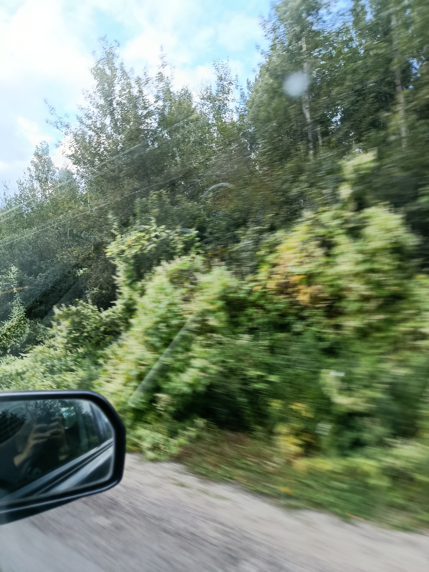 The image shows a view from inside a moving vehicle, looking out through the windshield. The landscape outside is blurred due to motion, with trees and vegetation dominating the scene. The sky above is partly cloudy with a blue and white appearance. In the lower left corner, a car's side mirror is visible, reflecting the interior of the car and the person holding the camera. The ground in front of the vehicle appears to be a dirt or gravel road. The location is specified as Снопок Новый, Russia.