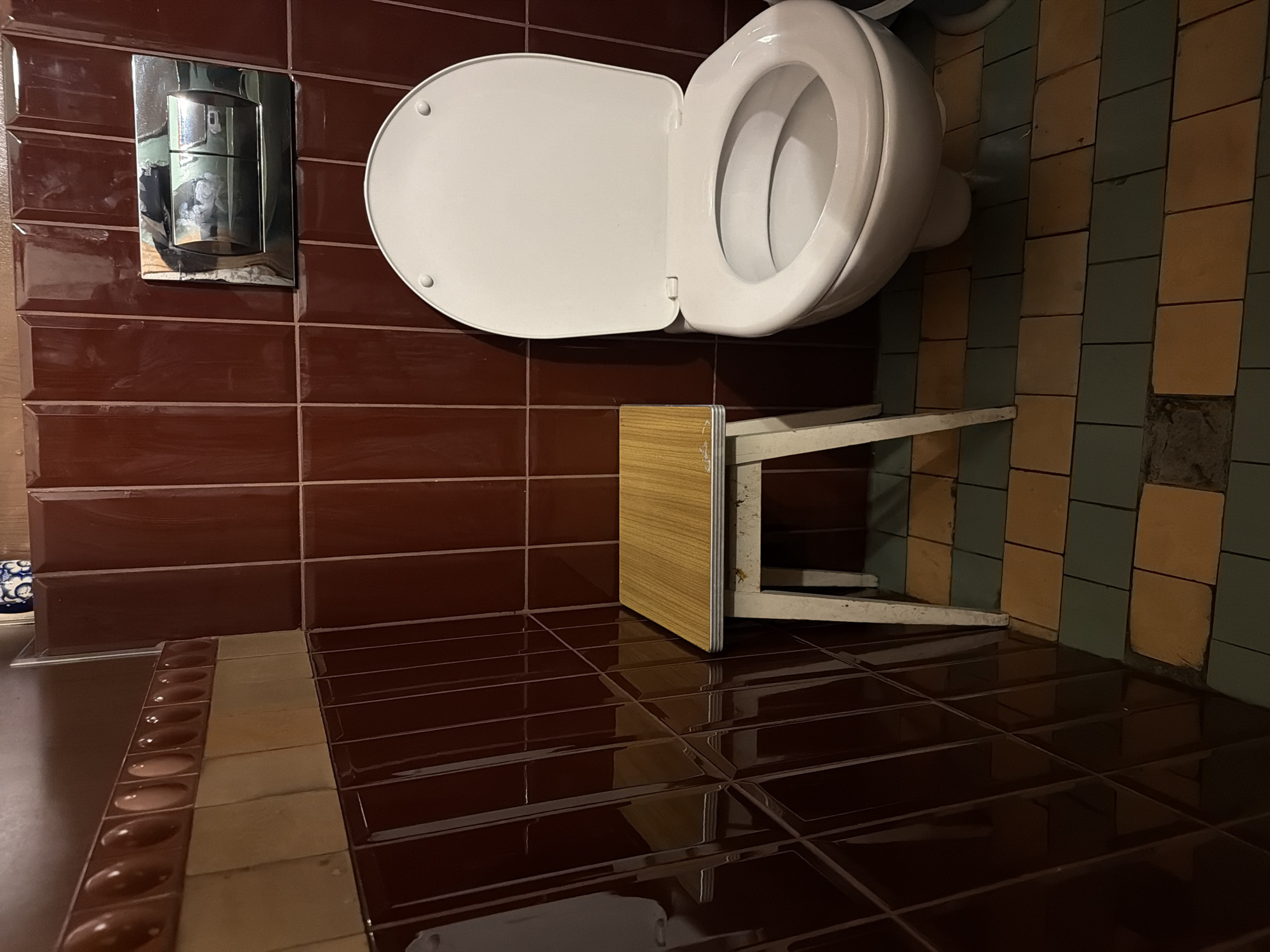The image depicts an indoor bathroom scene, captured from a slightly elevated perspective and rotated 90 degrees clockwise, presenting a sideways view. If viewed upright, the scene features a white wall-mounted toilet with its lid and seat open, positioned towards the center-right. Above the toilet on the wall is a rectangular chrome flush plate with dual buttons, showing reflections of the room.
The wall behind the toilet and extending to the left is covered in glossy, dark brown rectangular tiles. To the right of the toilet, another wall features a pattern of alternating dark green/grey and light beige/yellowish square tiles, some of which appear discolored or worn.
On the floor in front of the toilet, there is a small, functional stool with a light wooden top and a light-colored metal frame. The floor itself is composed of highly reflective, glossy dark brown square tiles, clearly showing reflections of the stool and other elements. In the foreground, particularly towards the bottom-left of the upright view, a section of the floor or a border is visible, featuring decorative brown tiles with a rounded, convex pattern, alongside flatter beige tiles. A small, partially visible blue and white ceramic object rests on a surface in this area.
The overall lighting is dim, suggesting artificial illumination or low natural light, and creates noticeable shadows. No people are present, and no legible text is visible in the frame. The bathroom appears functional but with some signs of age or wear, particularly in the varying tile patterns and condition.