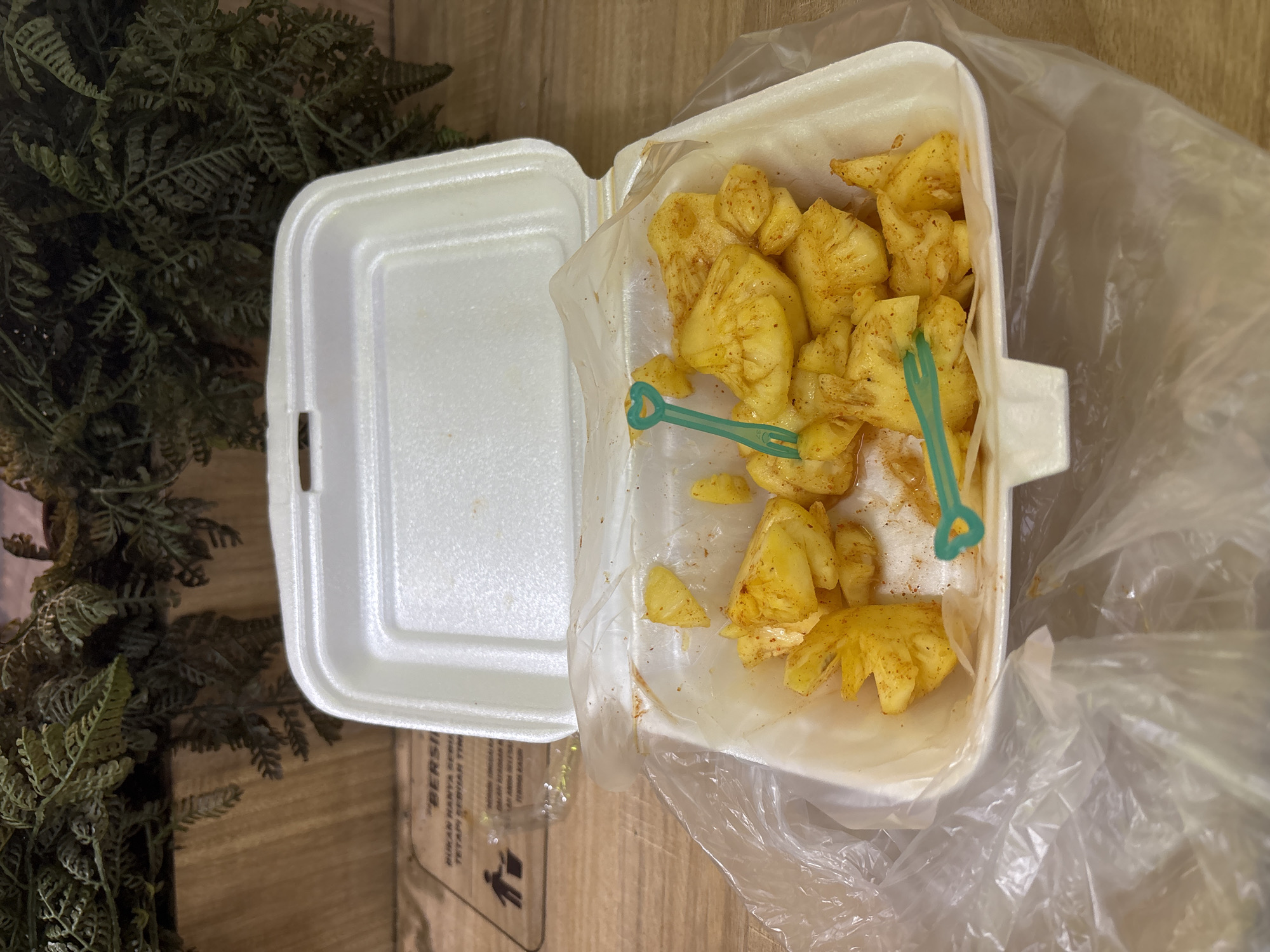 A close-up, eye-level shot captures a white styrofoam container filled with cut pineapple pieces, sprinkled with a reddish spice mix. The container is partially wrapped in a clear plastic bag, which also covers a portion of the light-colored wooden table surface. Two small, teal-colored plastic forks are visible within the pineapple. In the background, a dark green, leafy artificial plant is positioned above a wooden plank. The scene appears to be indoors, possibly in a casual dining setting or a food stall, and based on the provided information, is located in East Jakarta, Indonesia. The lighting is neutral, highlighting the texture of the pineapple and the packaging. There are no people present in the image.