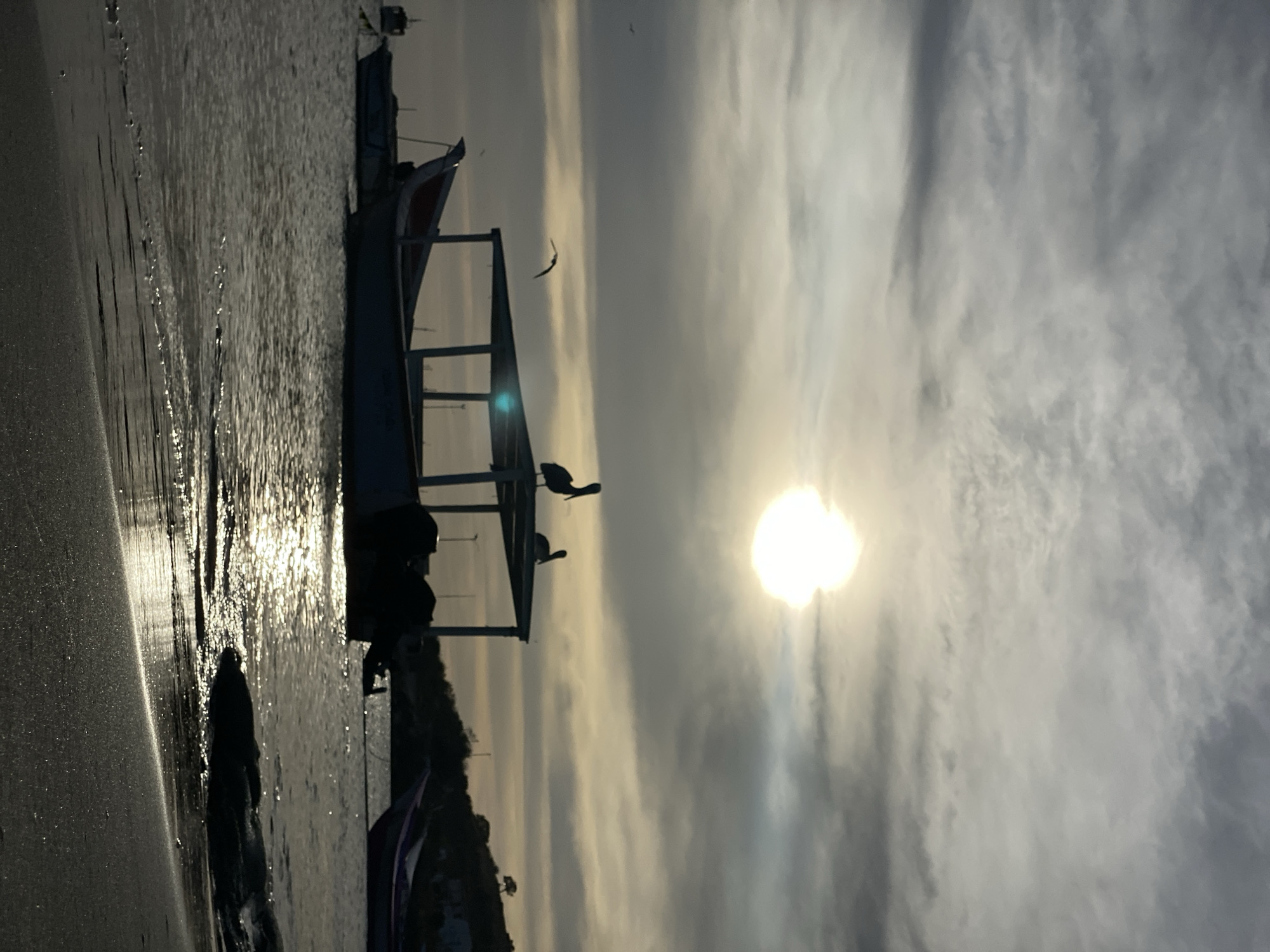 The image is a landscape in Juan Griego, Venezuela, featuring a beach with boats at sunset. Two birds are perched on the roof of one of the boats. The sky is cloudy with the sun shining through. The tide is receding, exposing part of the beach.