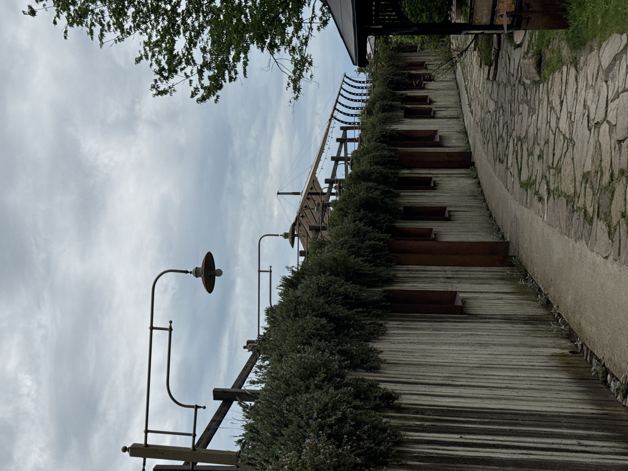 The image depicts an outdoor staircase located in what appears to be a park or garden setting in Progress, Russia. The staircase is built against a stone wall on the right, and lined with greenery on the left side. Wooden steps with raised metal platforms are integrated into the structure. Lamp posts are visible along the staircase. The sky above is cloudy. The image is taken from a low angle, looking upwards. The staircase is next to a walkway made of stones.