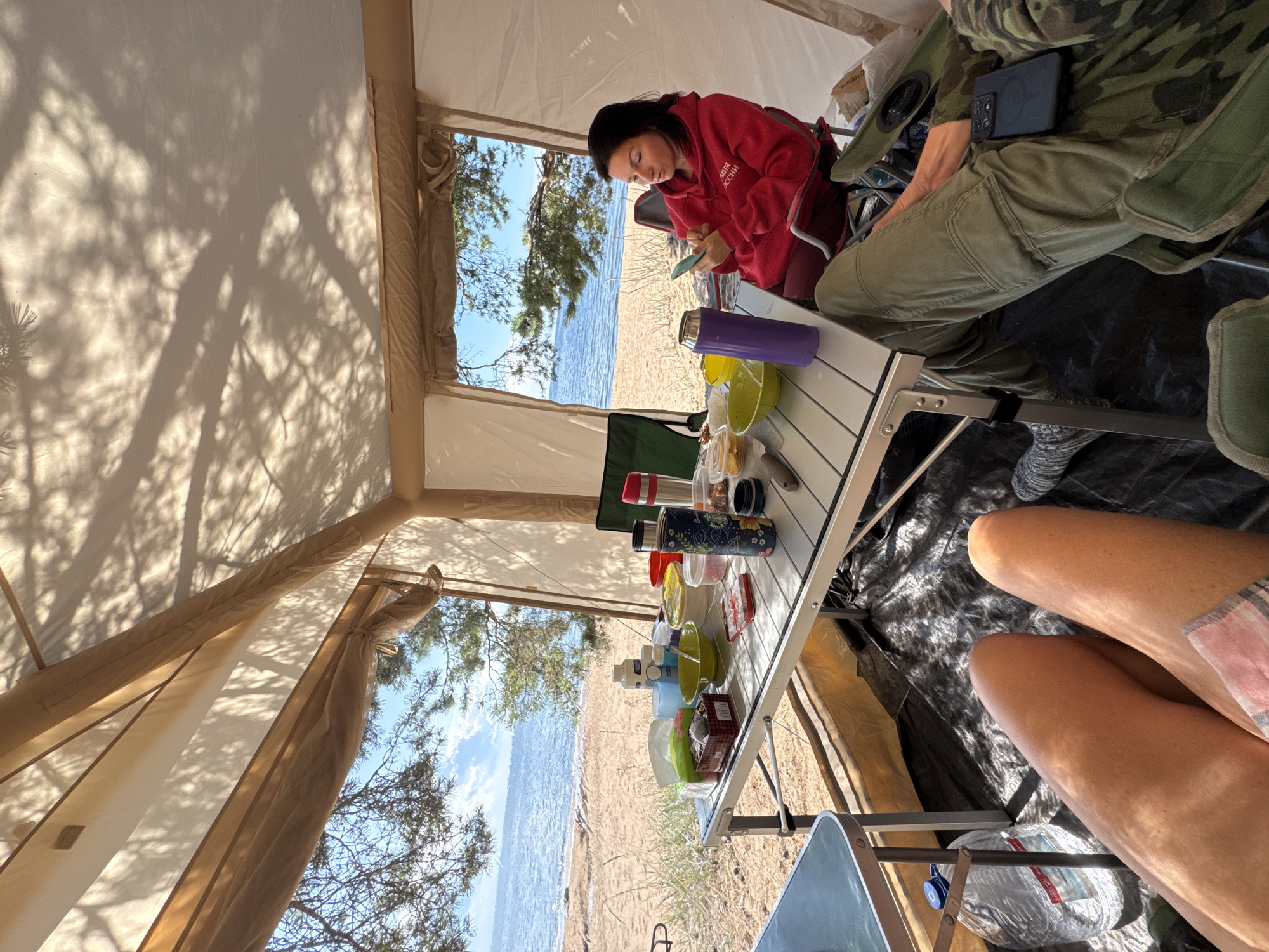 In the city of Zelenaya Roshcha, Russia, within a tent pitched on a sandy beach with the sea visible in the background, a woman in a red hooded sweatshirt is seated in a camping chair, looking at her phone. In front of her is a folding table laden with various items including bowls, containers of food, tissues, and thermoses. Two people's legs are visible in the foreground, suggesting they are also seated or resting within the tent. The tent has large openings offering views of the beach and water, and tree branches cast shadows on the tent's ceiling.