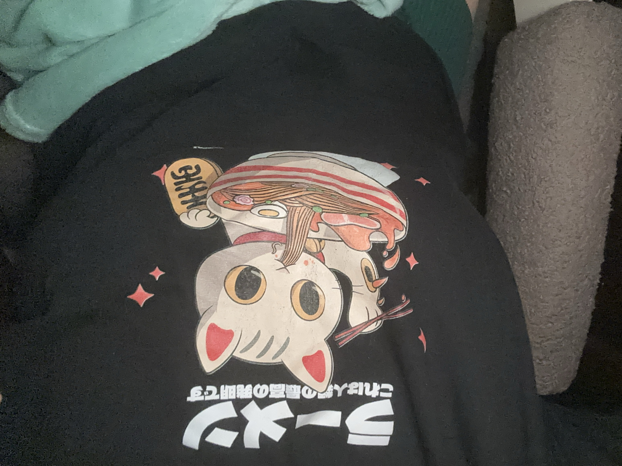 The image shows a black t-shirt with a graphic design featuring a cat wearing a ramen bowl hat, chopsticks, and Japanese text. The t-shirt is lying on what appears to be a gray upholstered surface. There is a mint green fabric item in the upper left of the frame. No information in the image indicates the location is Moscow, Russia.