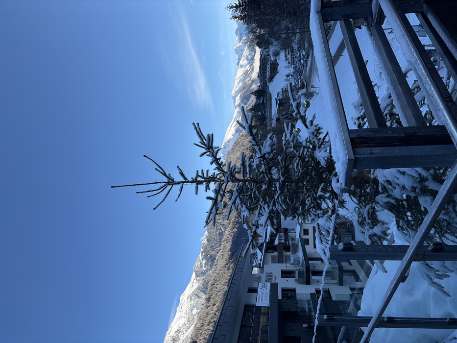 The image captures a panoramic winter view from a balcony in Sankt Jakob am Arlberg, Austria. In the foreground, a snow-covered wooden and glass balcony railing frames the lower edge of the scene. Centrally, a snow-laden evergreen tree, adorned with two visible golden spherical ornaments, stands prominently, its upper branches reaching towards a clear, bright blue sky.
To the left and midground, modern multi-story apartment buildings with balconies are visible, also partially covered in snow. One building prominently displays a white banner with black text, identifying it as "SCHWAK APARTMENTS" and listing "BORGERHOF & KRISTALLHAUS" with "MIETPREISE AUF ANFRAGE" (prices upon request). Beyond these structures, a snow-covered landscape unfolds, revealing other buildings, a road, and a parking area with several vehicles, including what appears to be a bus, in the mid-right.
The background is dominated by majestic, snow-capped mountain ranges under the clear blue sky. Snow-dusted evergreen forests cover the lower mountain slopes, and a distant valley exhibits patches of low-lying fog or cloud. No individuals, explicit actions, or direct interactions are discernible. The overall environment depicts a crisp, clear, and cold winter day with significant snow accumulation.