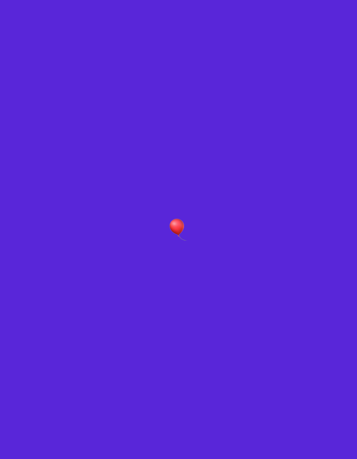 The image shows a single red balloon floating in the center of a vast, solid purple background. The balloon is rendered in a 3D style, with subtle shading and highlights that give it a glossy appearance. A thin string dangles from the balloon, also red. The background is a uniform, vibrant shade of purple, with no discernible texture or features. The composition is minimalist, with the balloon as the sole subject against the expansive, empty canvas. There is no indication of time of day, weather, or specific location cues, beyond the provided context that the image is associated with Moscow, Russia. The overall impression is one of simplicity and solitude, with the floating balloon creating a focal point in the otherwise featureless expanse. There is no visible text in the image.