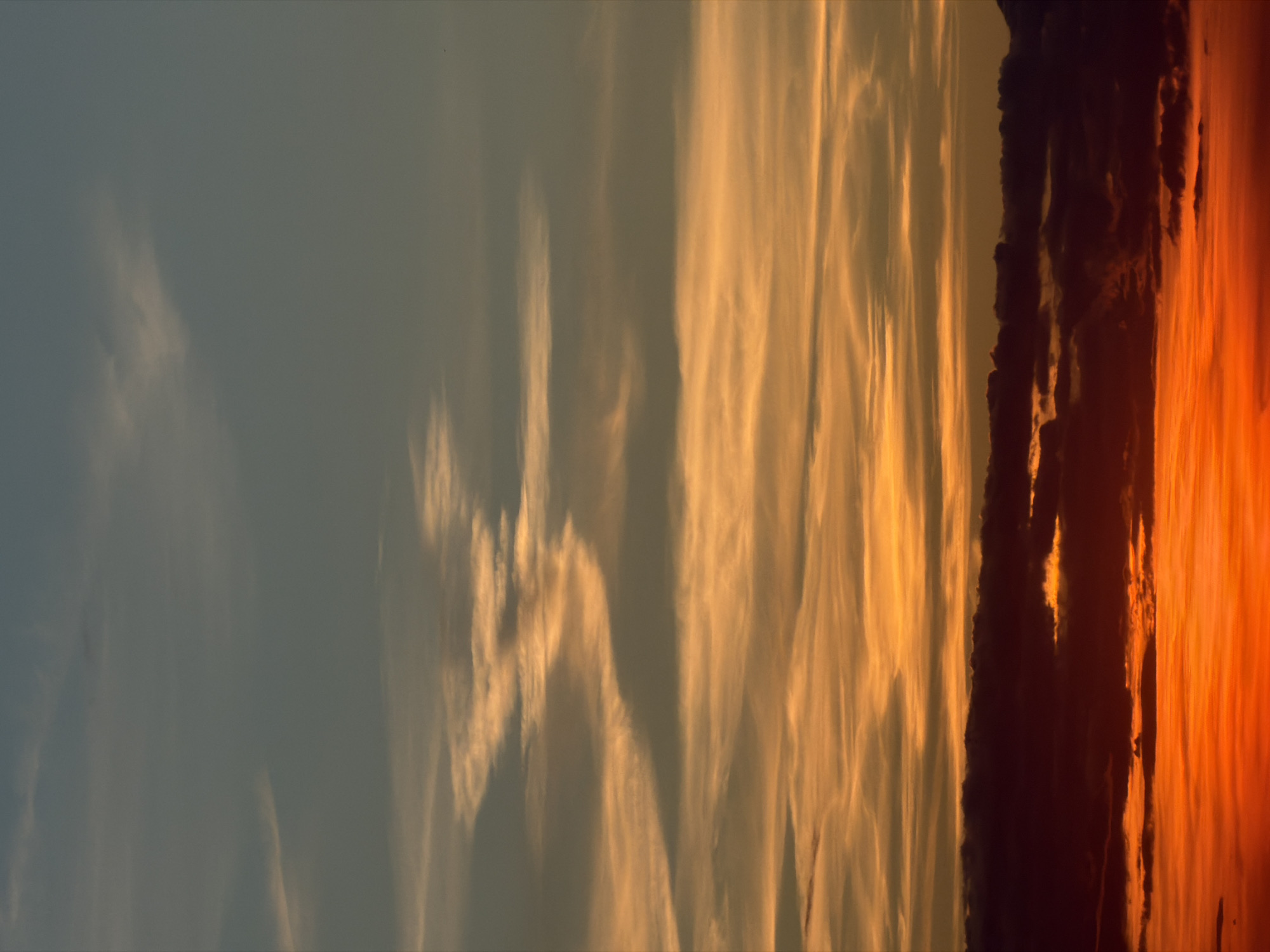 The image displays a panoramic view of a dramatic sky, likely captured during either sunrise or sunset. The sky presents a striking horizontal gradient of colors, transitioning from intense, fiery reddish-orange hues on the right, through vibrant golden and orange tones in the middle, to a softer, muted grey-blue on the left.
Along the bottom right of the frame, a dark, rugged silhouette suggests a distant landmass or a dense band of low-lying clouds, sharply contrasting with the brightly lit sky above it. The portion of the sky closest to this silhouette is ablaze with deep reds and oranges, indicating the proximity of the rising or setting sun, which is not directly visible.
Across the middle and extending towards the left, numerous wispy, elongated clouds are stretched across the expanse. These clouds catch the golden light, appearing as luminous streaks and intricate patterns against the transitioning sky. They suggest a mix of high-altitude cirrus-type clouds and potentially some mid-level cloud formations. The top-left corner of the sky is dominated by a gentle, cloudy grey-blue, indicating an area further removed from the direct sunlight.
There are no people, specific man-made objects, or discernible structures visible in the image. The scene captures the raw beauty and dynamic nature of atmospheric light and cloud formations. No text is present. The overall impression is one of natural grandeur and peacefulness.