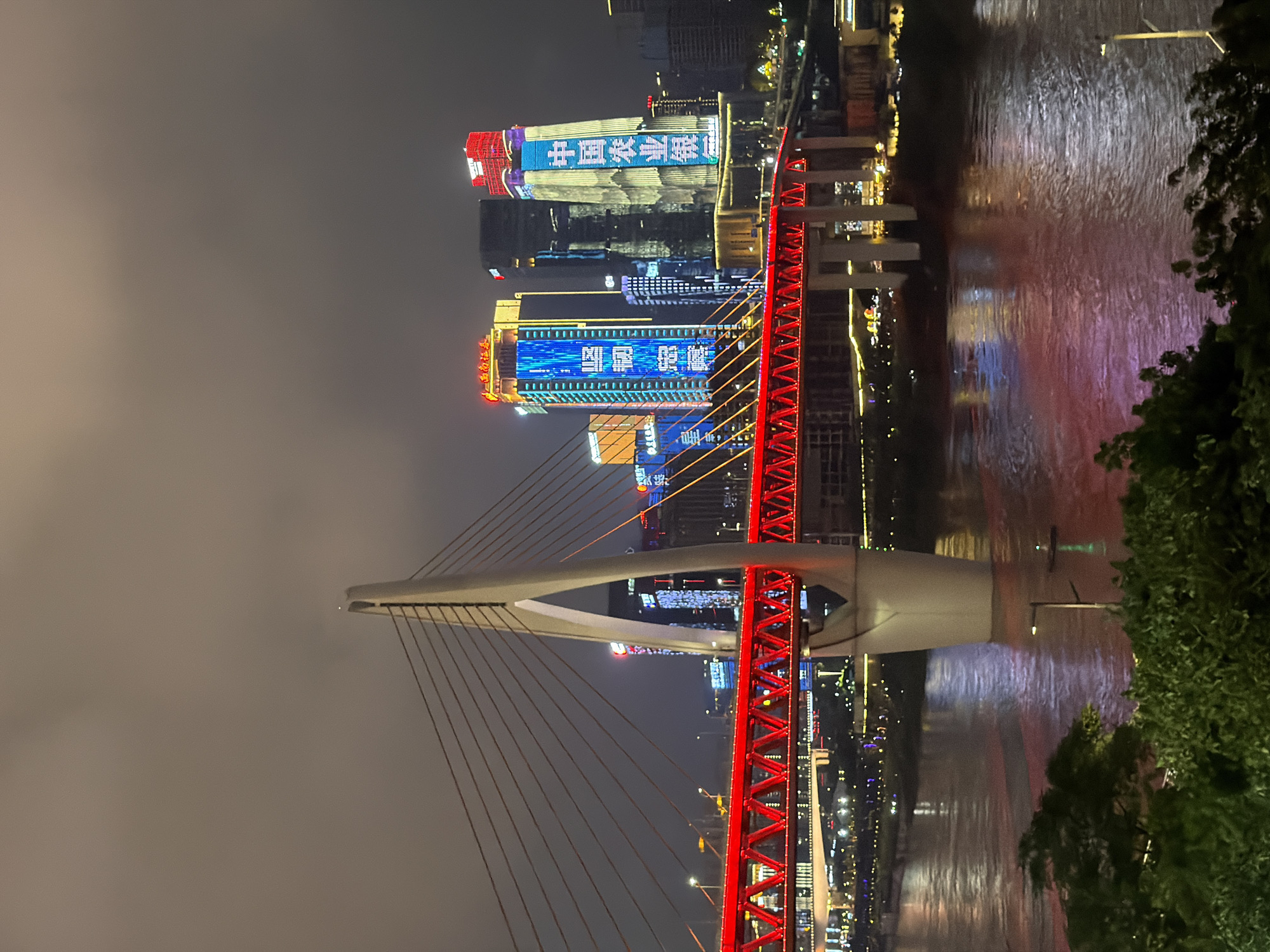 This is a night-time, wide-angle photograph of the Hongyadong Bridge, also known as the Yangtze River Bridge, in Chongqing, China, specifically within the Yuzhong District. The bridge is illuminated with vibrant red lights along its entire span, creating a striking contrast against the dark, cloudy sky. The bridge's main support tower, a large white structure, is prominently featured on the left side of the frame. Numerous cables extend from the tower, fanning out to support the bridge deck.
In the background, a cluster of modern skyscrapers dominates the skyline, adorned with bright, colorful LED advertisements and lighting. One building prominently displays Chinese characters in blue and white, reading "中国农业银行" (Agricultural Bank of China). Another building features a large blue LED display with more Chinese characters. The lights from the buildings and the bridge are reflected on the surface of the wide river below, which has a reddish-pink hue due to the illumination. The water appears slightly choppy.
In the foreground, the dark silhouettes of lush green trees and foliage are visible, framing the bottom of the image and adding depth to the scene. The overall atmosphere is one of a bustling, modern cityscape at night, with the illuminated bridge and skyscrapers creating a dynamic and visually impressive spectacle. No people are discernible in the image.