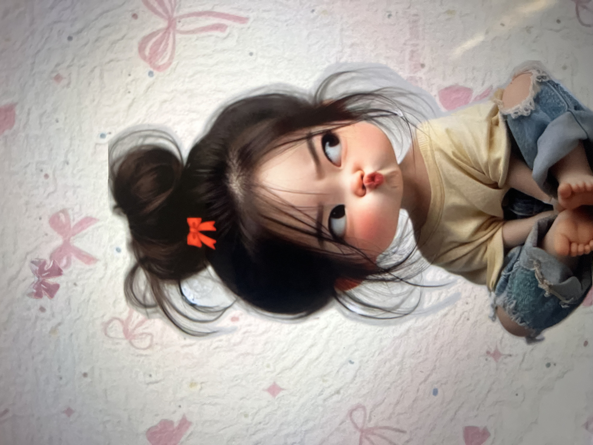 A digital illustration depicts a young girl with dark hair styled in a messy bun, adorned with a small red bow. She is wearing a yellow t-shirt and distressed denim shorts. Her cheeks are rosy, and she is puckering her lips while looking to her right with a playful expression. The background is a textured white surface with faint pink bow designs and scattered blue and pink dots, suggesting a whimsical or child-like theme. The image appears to be a standalone digital artwork, not depicting any specific real-world location.