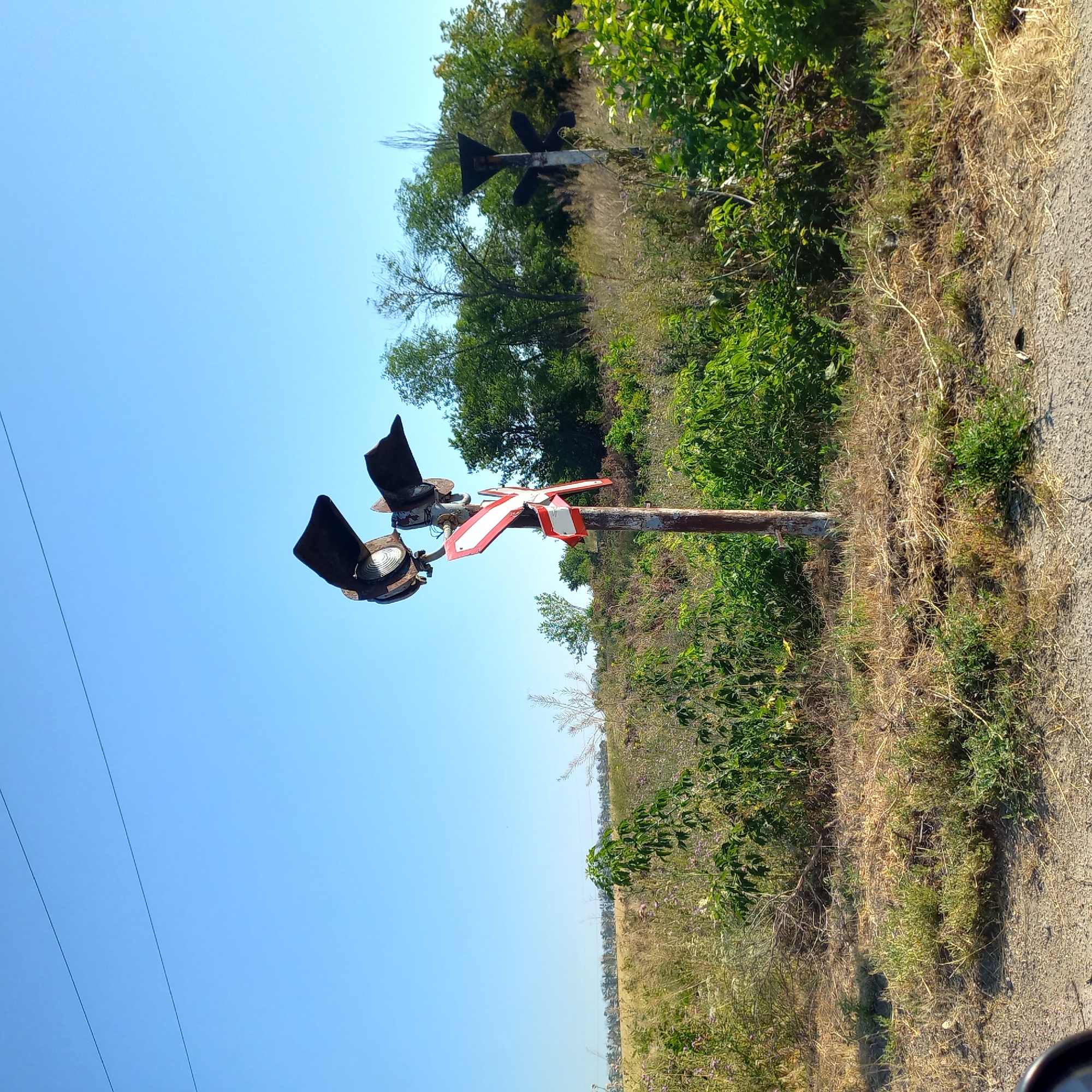 This image depicts a rural scene under a clear blue sky. In the foreground, a rusty metal pole stands, supporting two railway signal lights. These lights are black, with one appearing slightly damaged. Attached to the pole below the lights are two white and red striped directional signs, one pointing left and the other right, forming an 'X' shape with a red crossbar and white wings. Behind the signal pole, the landscape transitions from dry grass and brush to a field of yellow-brown vegetation and further back, a line of green trees. Another, less distinct railway signal with black triangular arms is visible to the right, partially obscured by foliage. The ground in the foreground is a mixture of gravel and dry grass. The scene appears to be an outdoor, undeveloped area, possibly a railroad crossing in a rural setting. No people or animals are visible. The context of Klyntsi, Ukraine is not visually evident in the image itself.