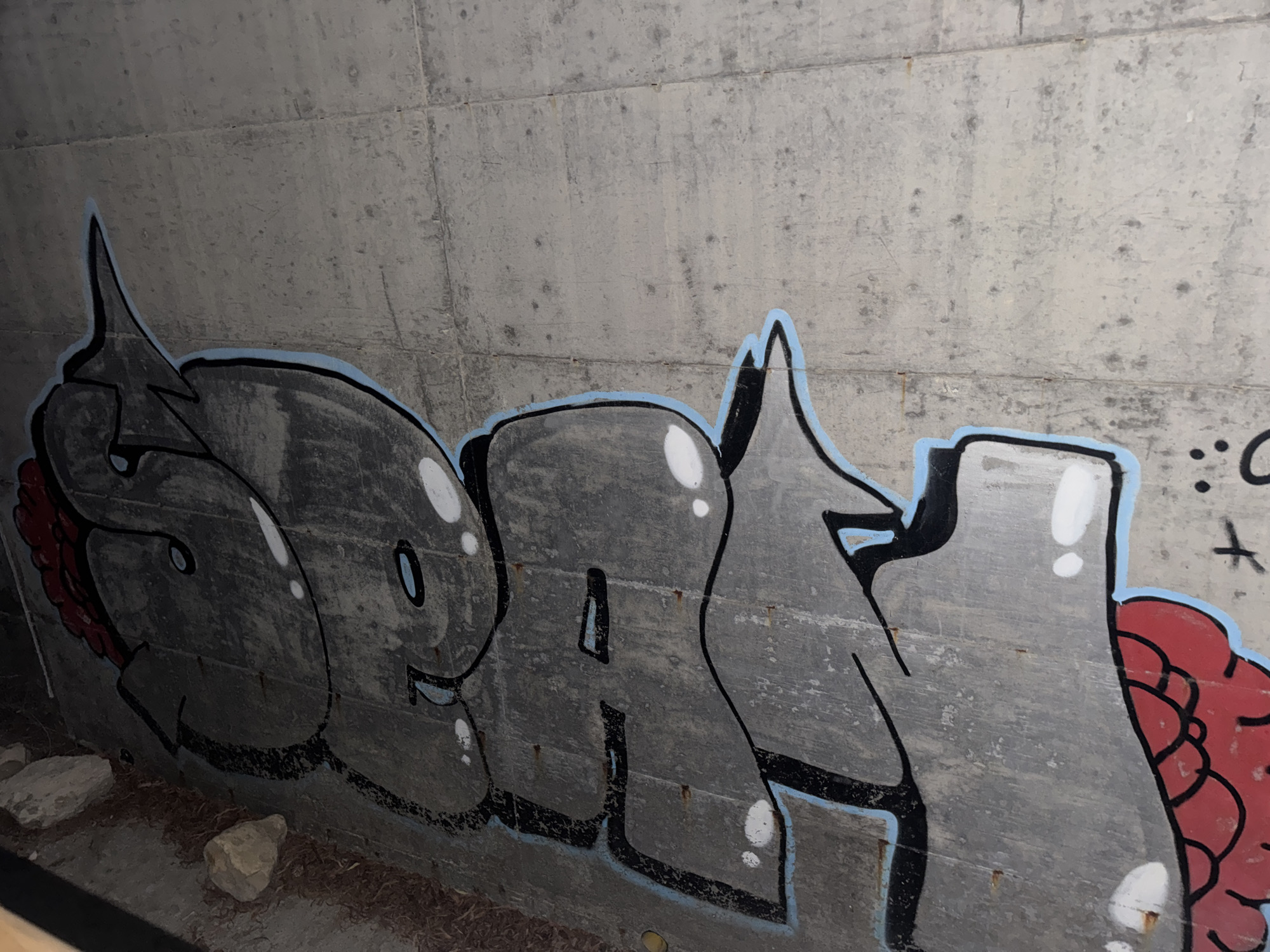 A close-up, medium-angle shot captures graffiti art on a concrete wall in Agios Tychona Community, Cyprus. The graffiti, rendered in shades of gray with black outlines and a light blue fill, features bubble-style lettering. Some letters have white highlights. To the left of the main lettering, a red, scalloped design appears, possibly representing a stylized element. The concrete wall shows signs of age and wear, with a rough texture. The bottom of the frame includes the ground, with small rocks and dry vegetation visible. The lighting suggests an indoor or shaded outdoor environment, possibly a tunnel or underpass, due to the muted and somewhat diffused light.
