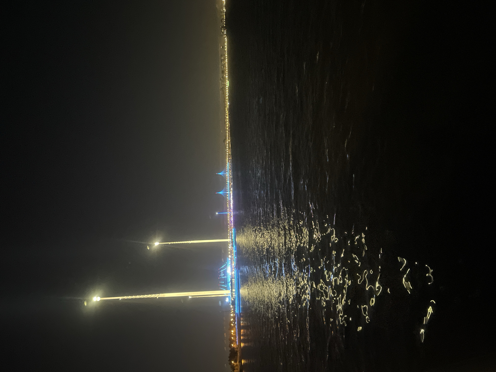 This is a nighttime photograph taken from the water, likely from a boat or embankment, looking towards the city of Saint Petersburg, Russia. The foreground is dominated by dark, rippling water, with reflections of lights from the city shimmering on its surface.
In the middle ground, a large illuminated bridge structure is visible. Two prominent tall, slender towers, lit with bright yellow lights, rise vertically from the bridge. These towers appear to be part of a modern architectural element of the bridge, possibly with observation decks or decorative lighting. The bridge itself is adorned with colorful lights, predominantly blue, stretching horizontally across the frame.
Beyond the main bridge structure, the coastline of Saint Petersburg is illuminated by a continuous line of lights, indicating a densely populated urban area. Distant structures and buildings are silhouetted against the night sky. The overall impression is of a vibrant, well-lit cityscape at night, with the water serving as a reflective foreground element. The atmosphere is calm and serene, typical of a nighttime view of a major city from its waterfront.