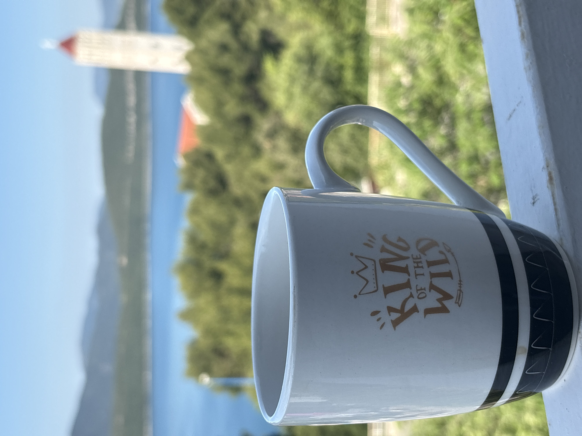 A close-up shot shows a "King of the Wild" mug resting on a white balcony railing. In the blurry background, there's a view of the city of Neum, Bosnia and Herzegovina, featuring water, trees, and a tall building with a red roof. The mug is primarily white with gold lettering and black stripes near the bottom.