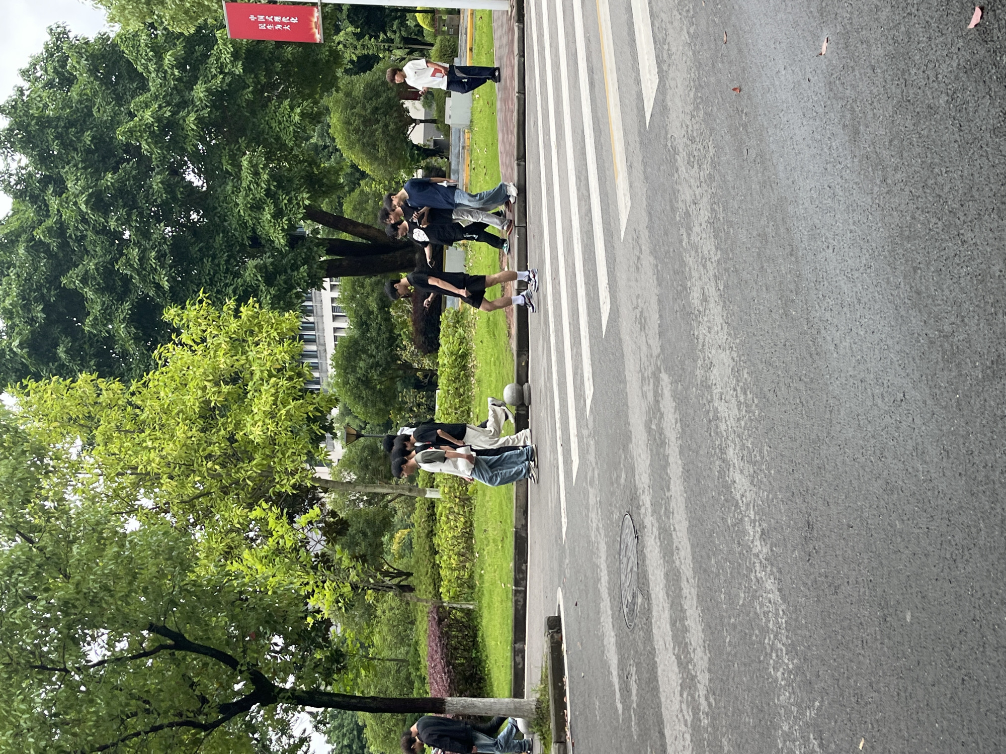 A group of seven young men are walking across a crosswalk on an overcast day in Jiangjin, China. The men are dressed in casual, modern clothing. Some are looking at their phones, while others are walking together and talking. The crosswalk is on a paved road with white painted lines. To the left of the crosswalk is a sidewalk with a row of bushes and trees. Behind the bushes is a building with a modern architectural style. To the right of the crosswalk are more trees and a lamppost. A red banner with Chinese characters is visible in the background. The overall scene depicts a typical urban environment in China.
