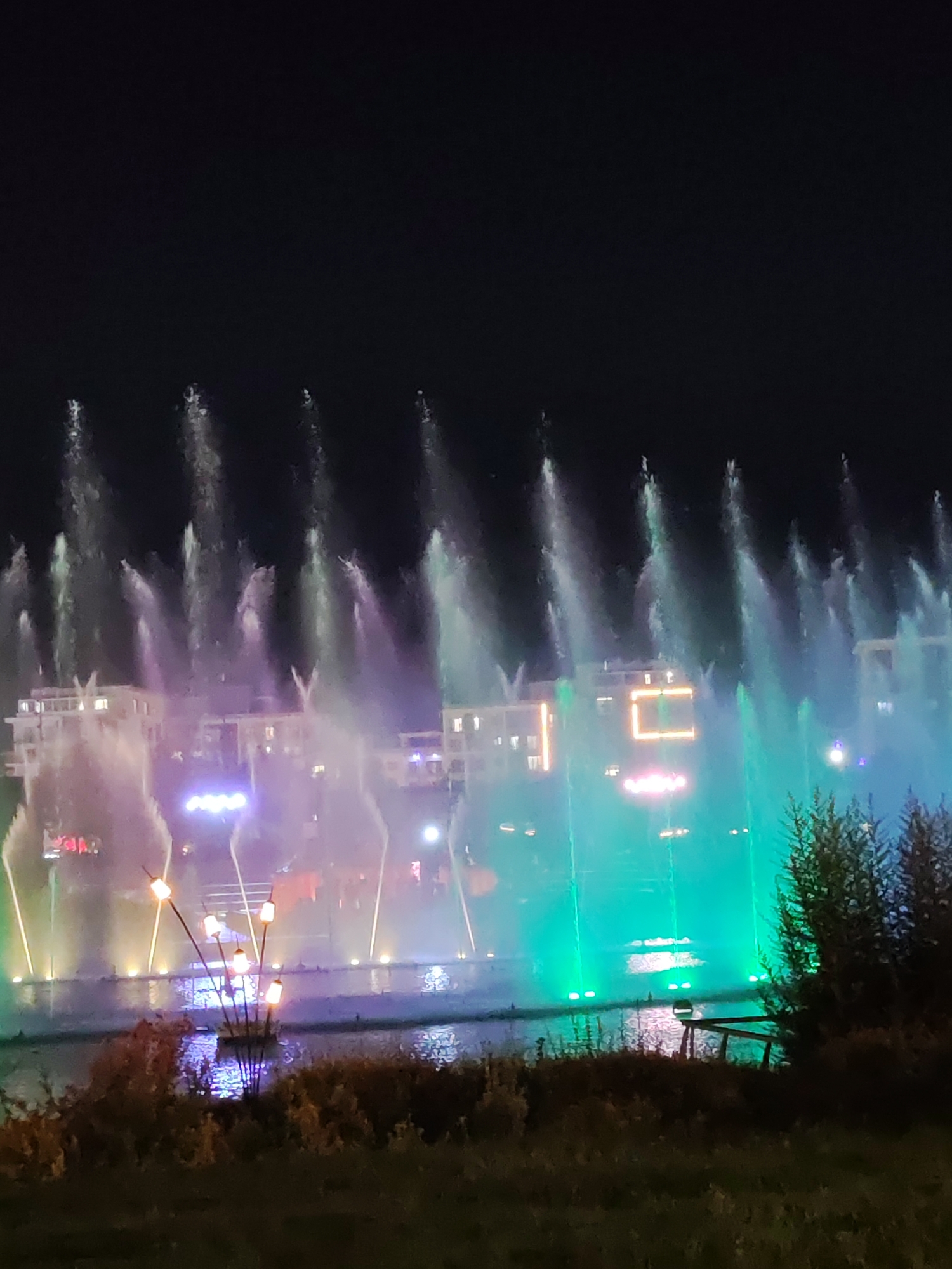 The image depicts a nighttime scene at the "Magic City" park in Tashkent, Uzbekistan, featuring a large water fountain show. The fountain jets are illuminated with vibrant colors, including purple, pink, and green, creating a dazzling display against the dark sky. In the background, modern buildings with illuminated windows are visible. In the foreground, there is a body of water reflecting the lights of the fountain and buildings. The edge of the water is lined with vegetation. A cluster of decorative lamps on thin poles is located on a small island in the water, adding to the ambiance.